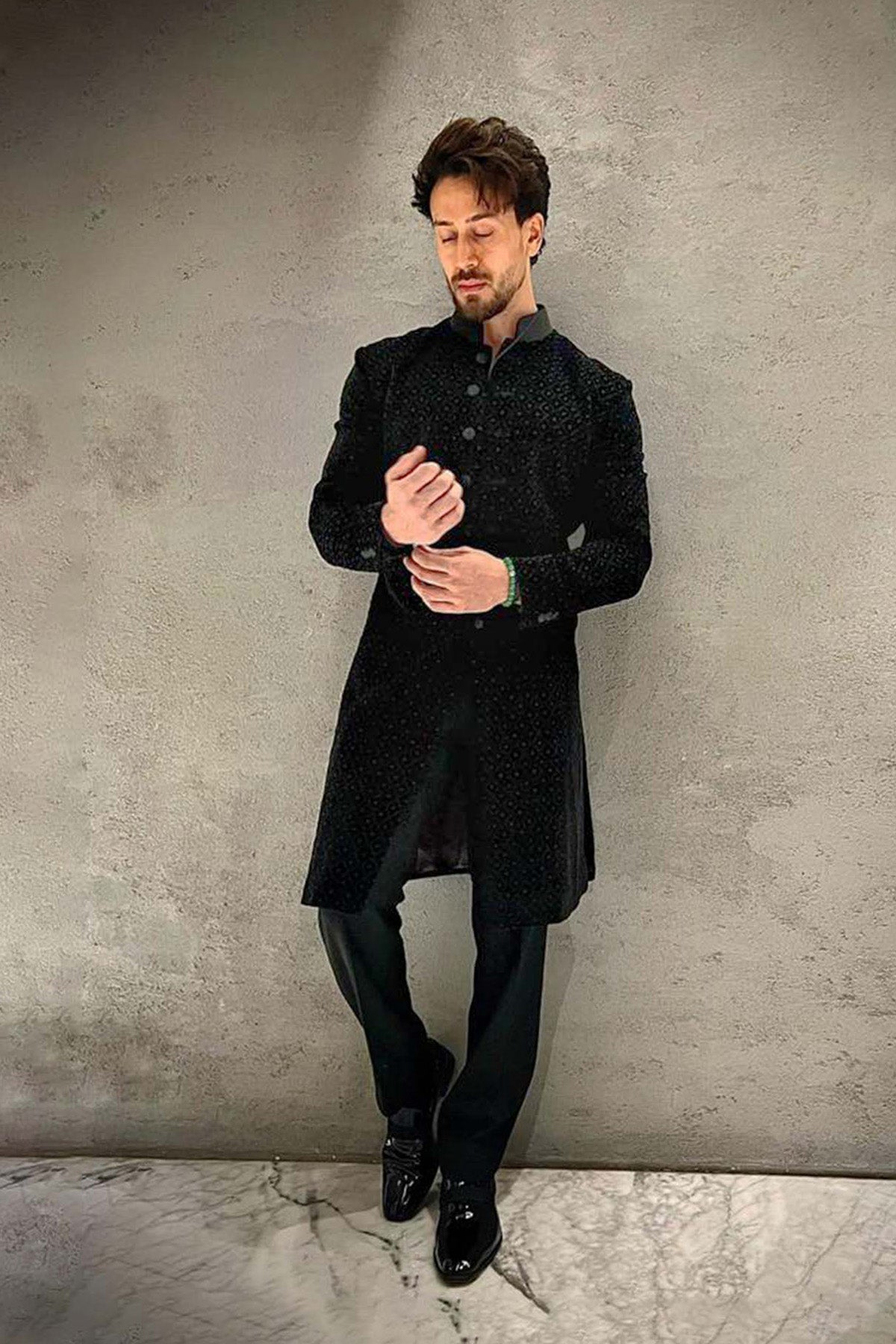 Black velvet Sherwani with burfi resham and emb work