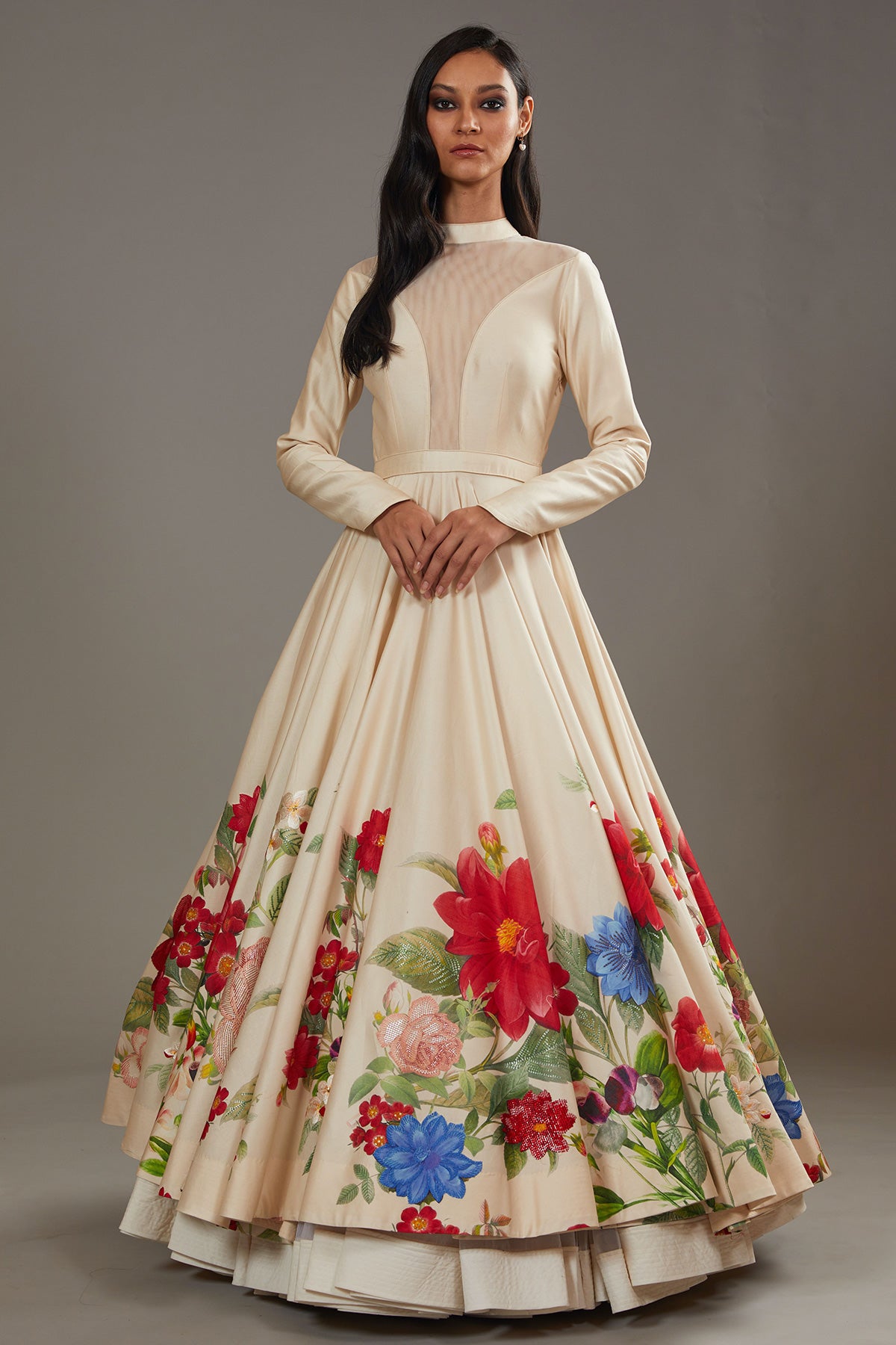Ivory Chanderi Anarkali Set With Floral Digital Printed