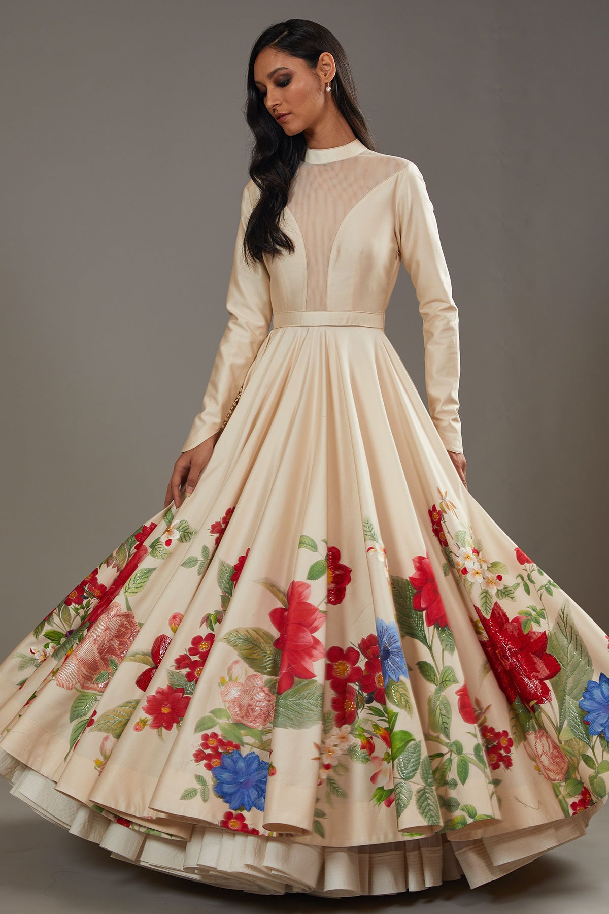 Ivory Chanderi Anarkali Set With Floral Digital Printed