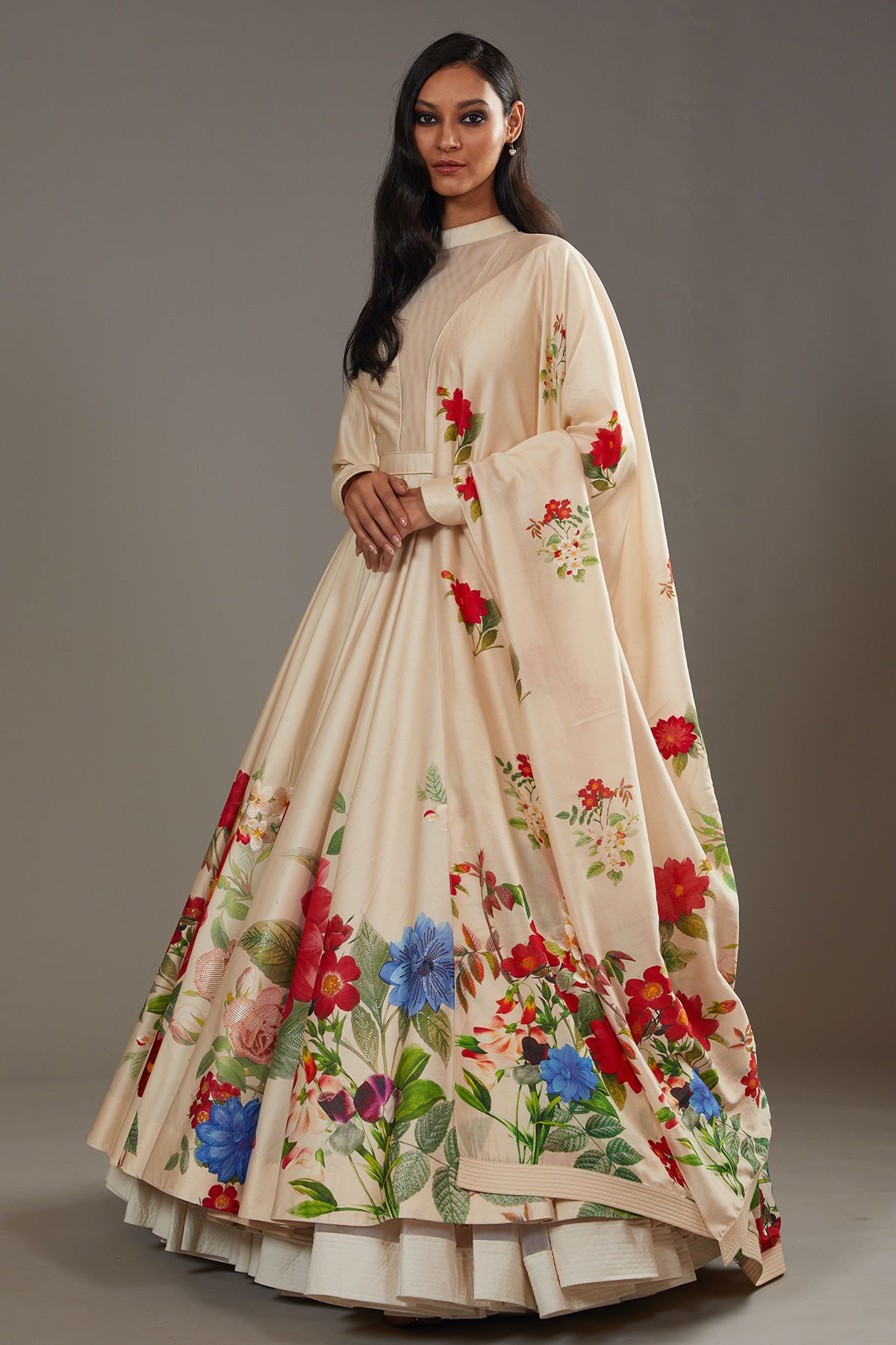 Ivory Chanderi Anarkali Set With Floral Digital Printed