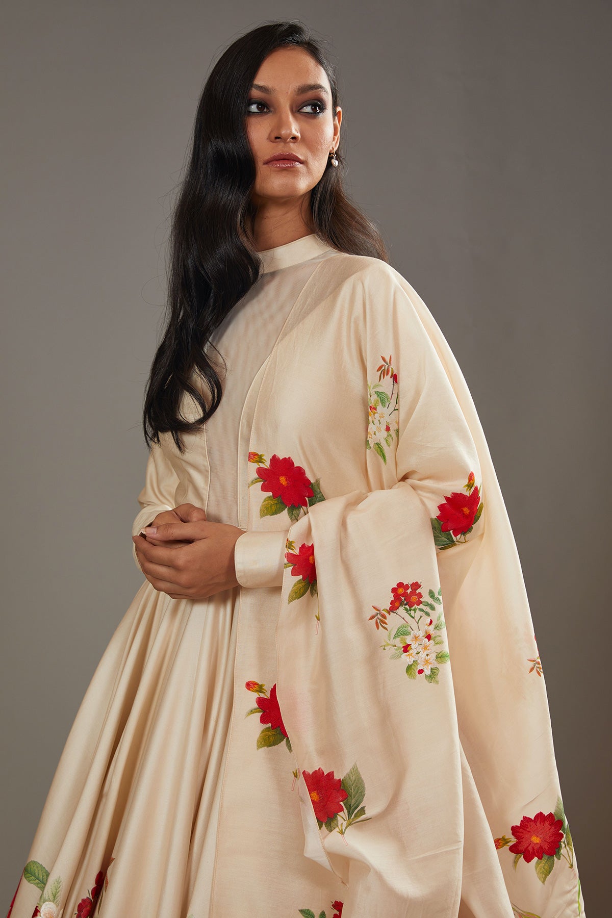 Ivory Chanderi Anarkali Set With Floral Digital Printed