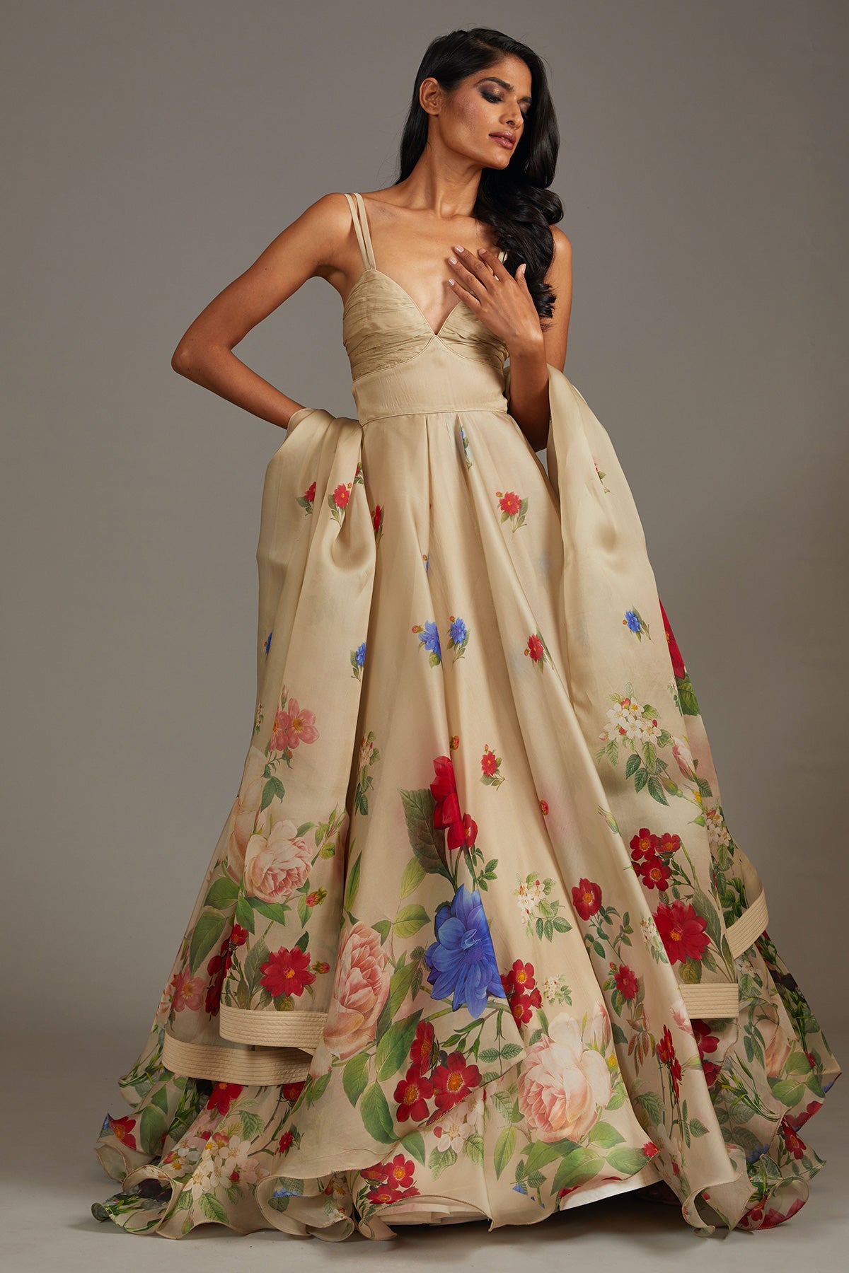 Chanderi Anarkali Set With Digital Print & Organza Dupatta