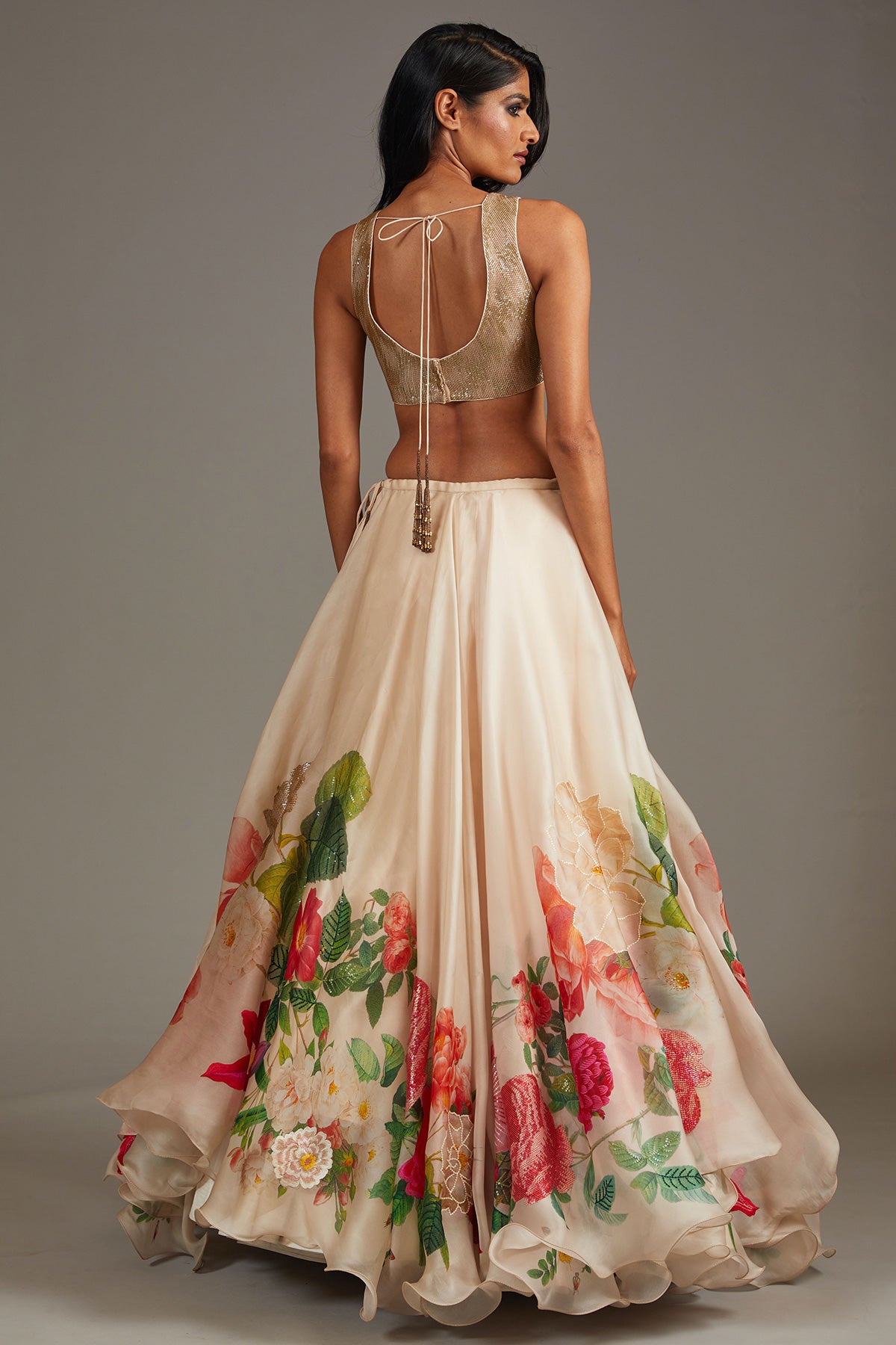 Ivory Organza Lehenga Set With Digital Print & Embroidery