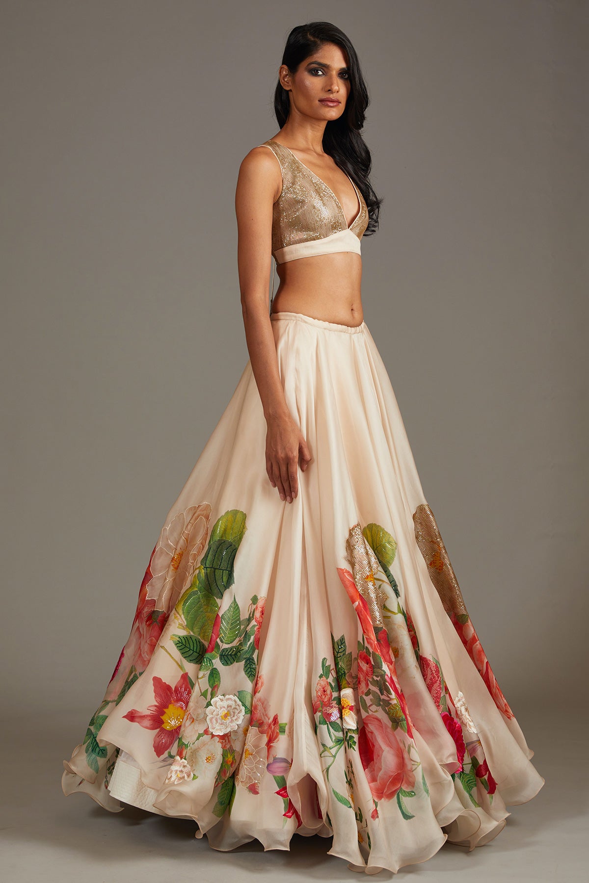 Ivory Organza Lehenga Set With Digital Print & Embroidery