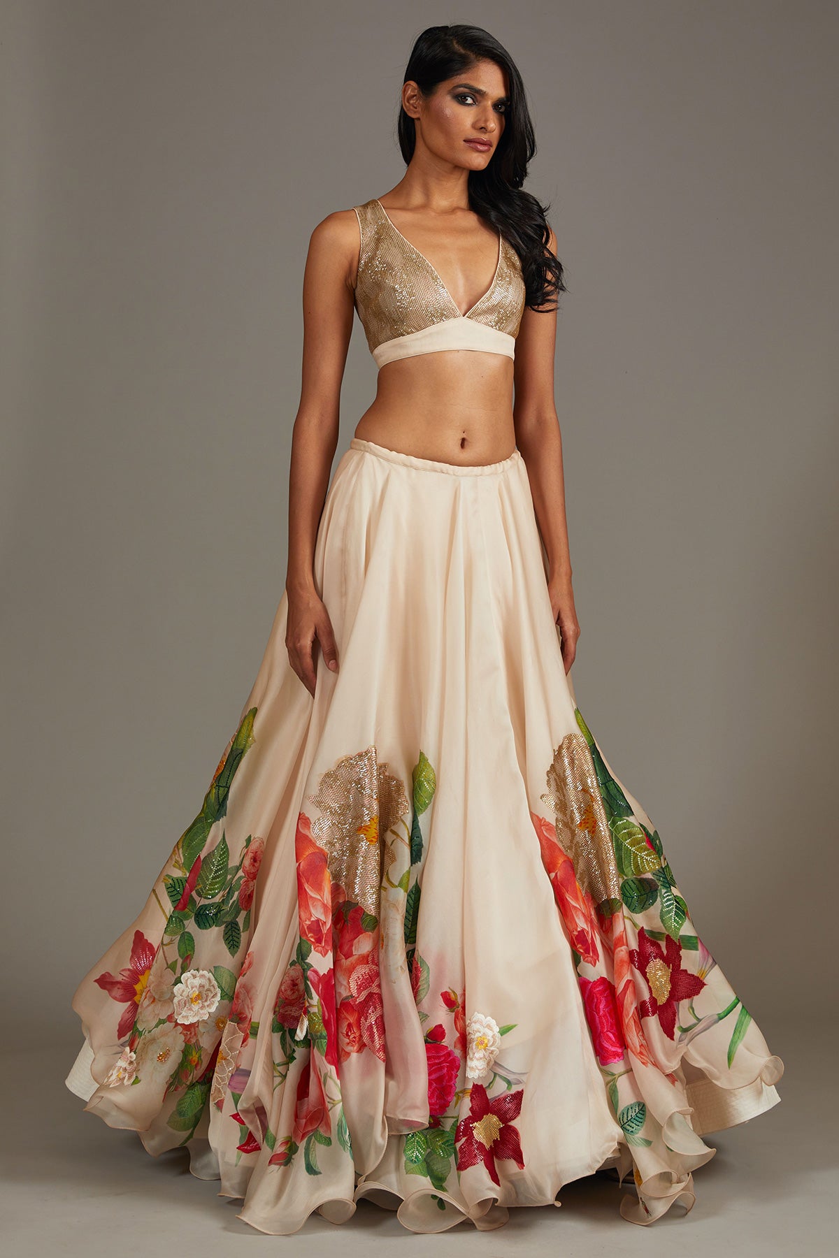 Ivory Organza Lehenga Set With Digital Print & Embroidery
