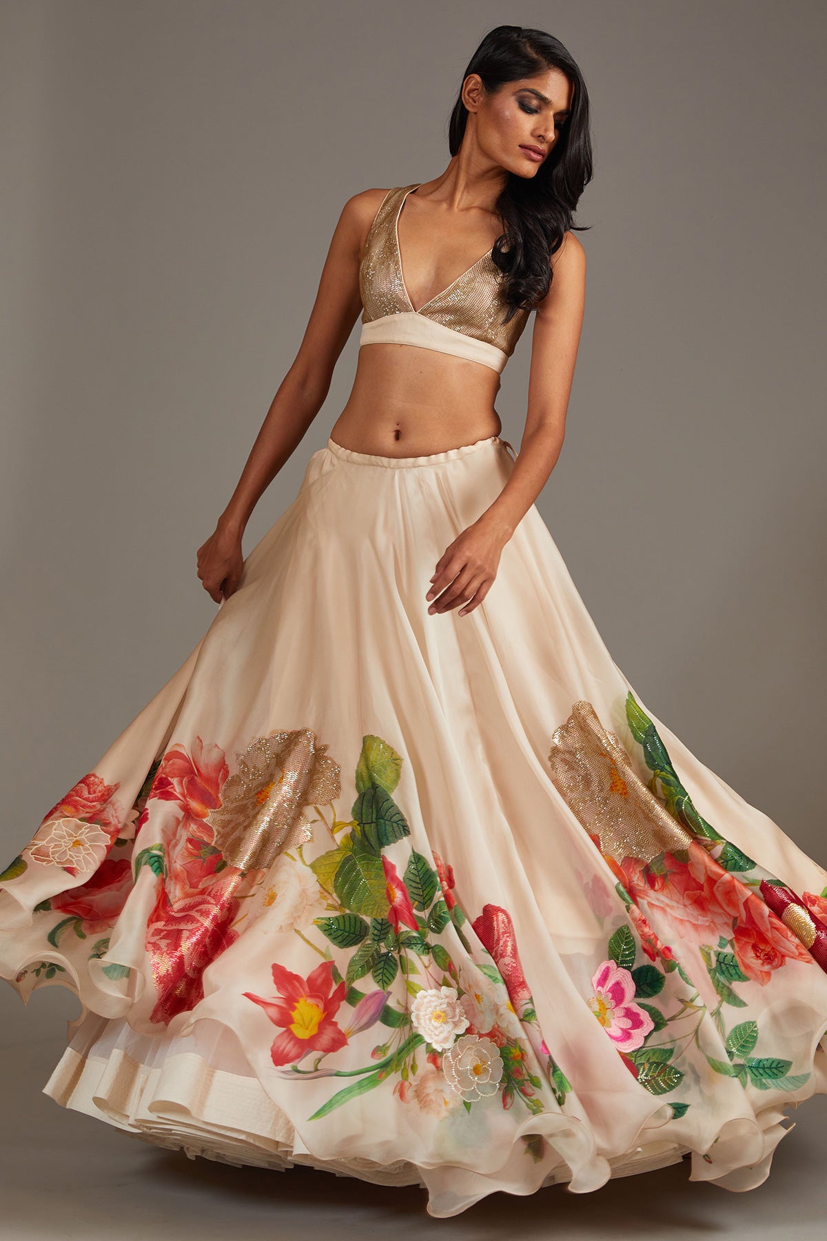 Ivory Organza Lehenga Set With Digital Print & Embroidery