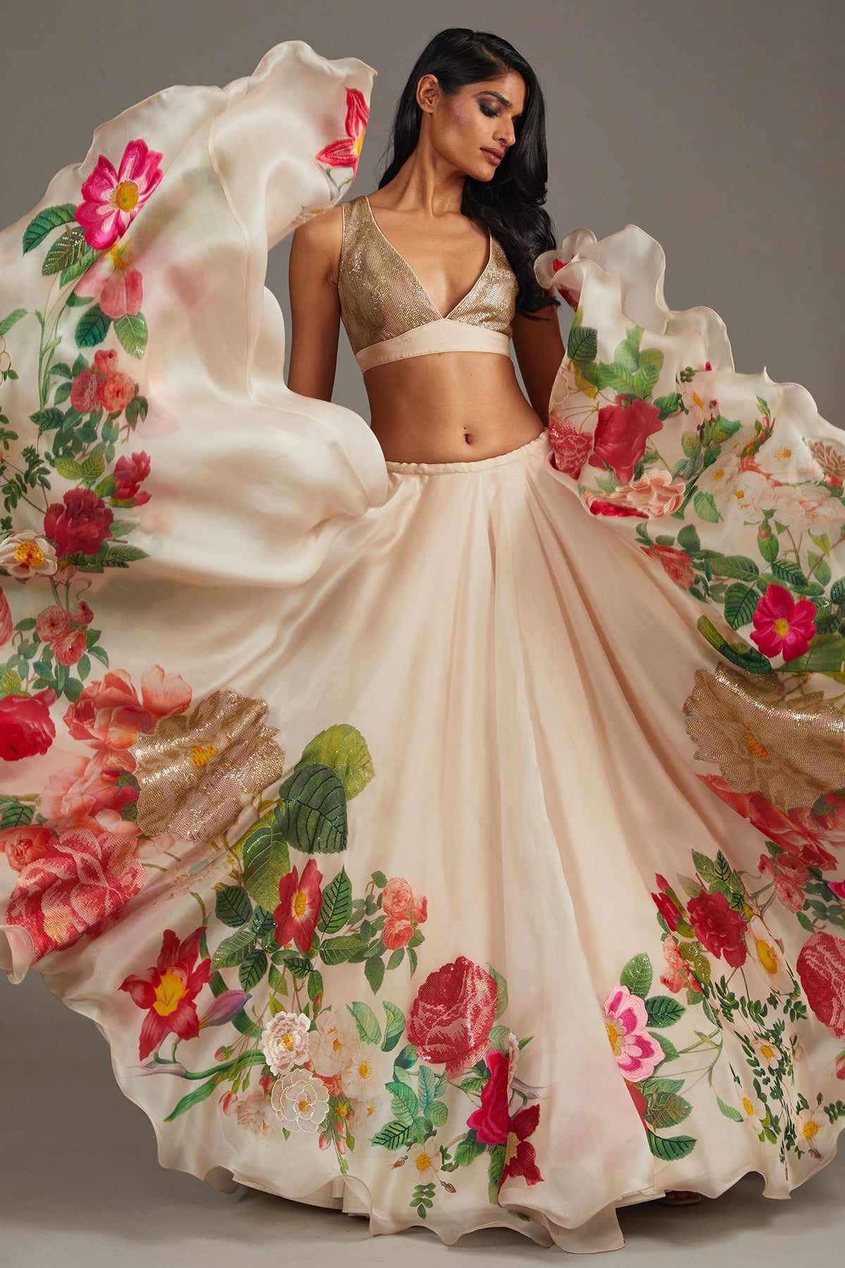 Ivory Organza Lehenga Set With Digital Print & Embroidery