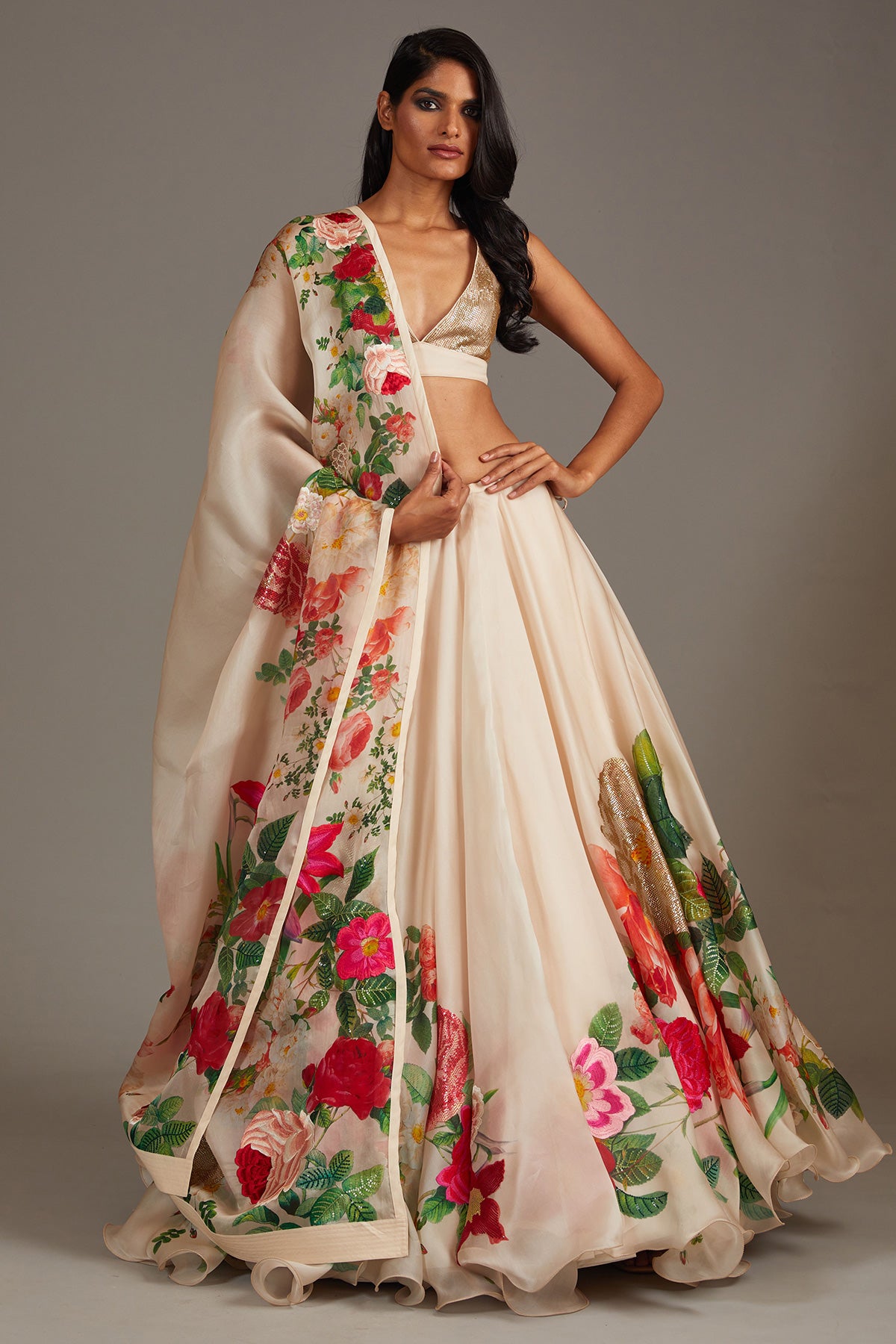 Ivory Organza Lehenga Set With Digital Print & Embroidery