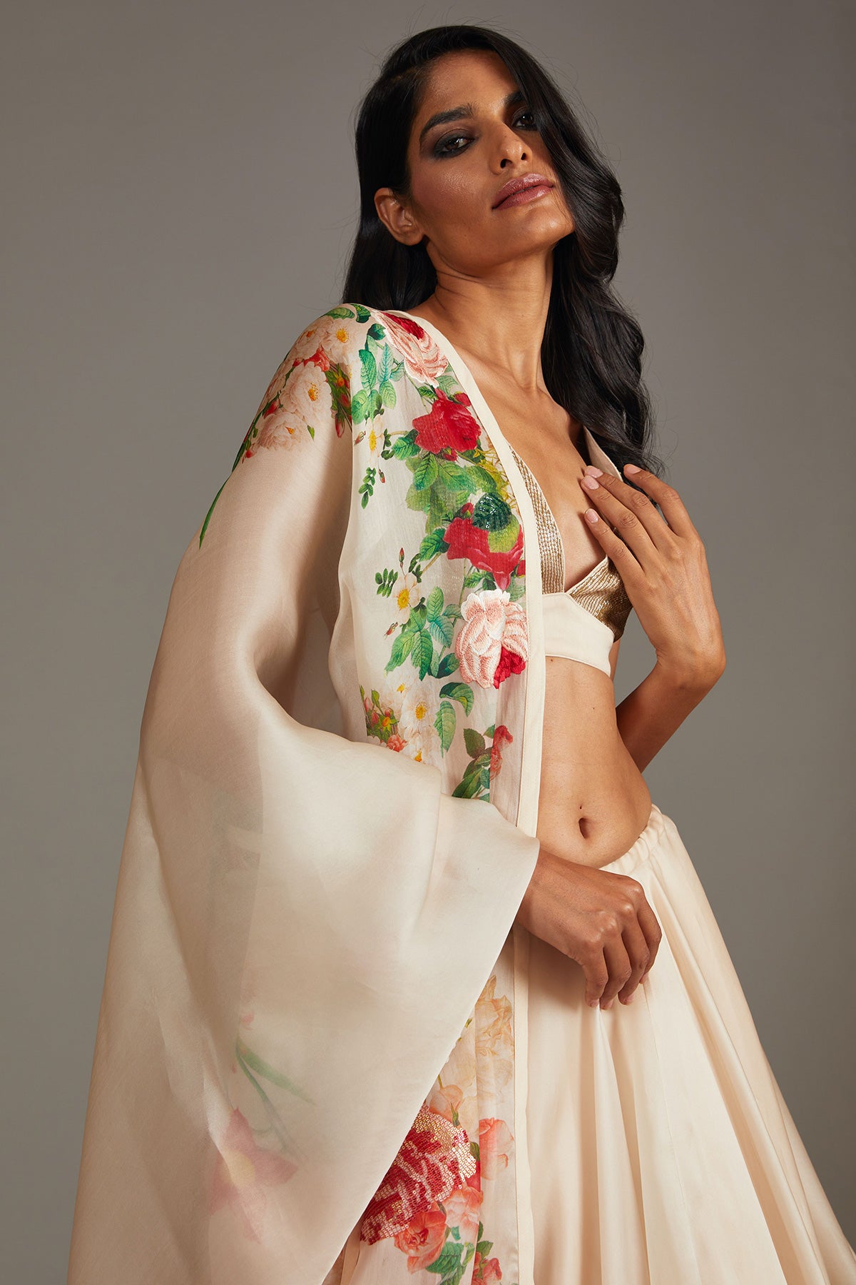 Ivory Organza Lehenga Set With Digital Print & Embroidery