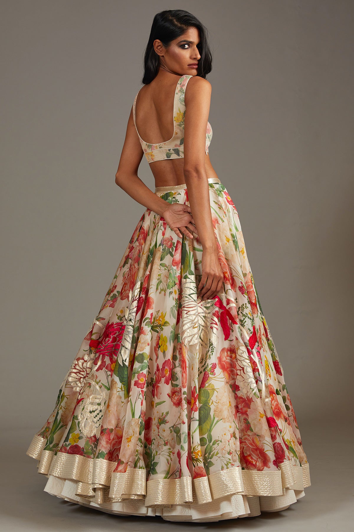 Ivory Organza Lehenga Set With Digital Print & Embroidery