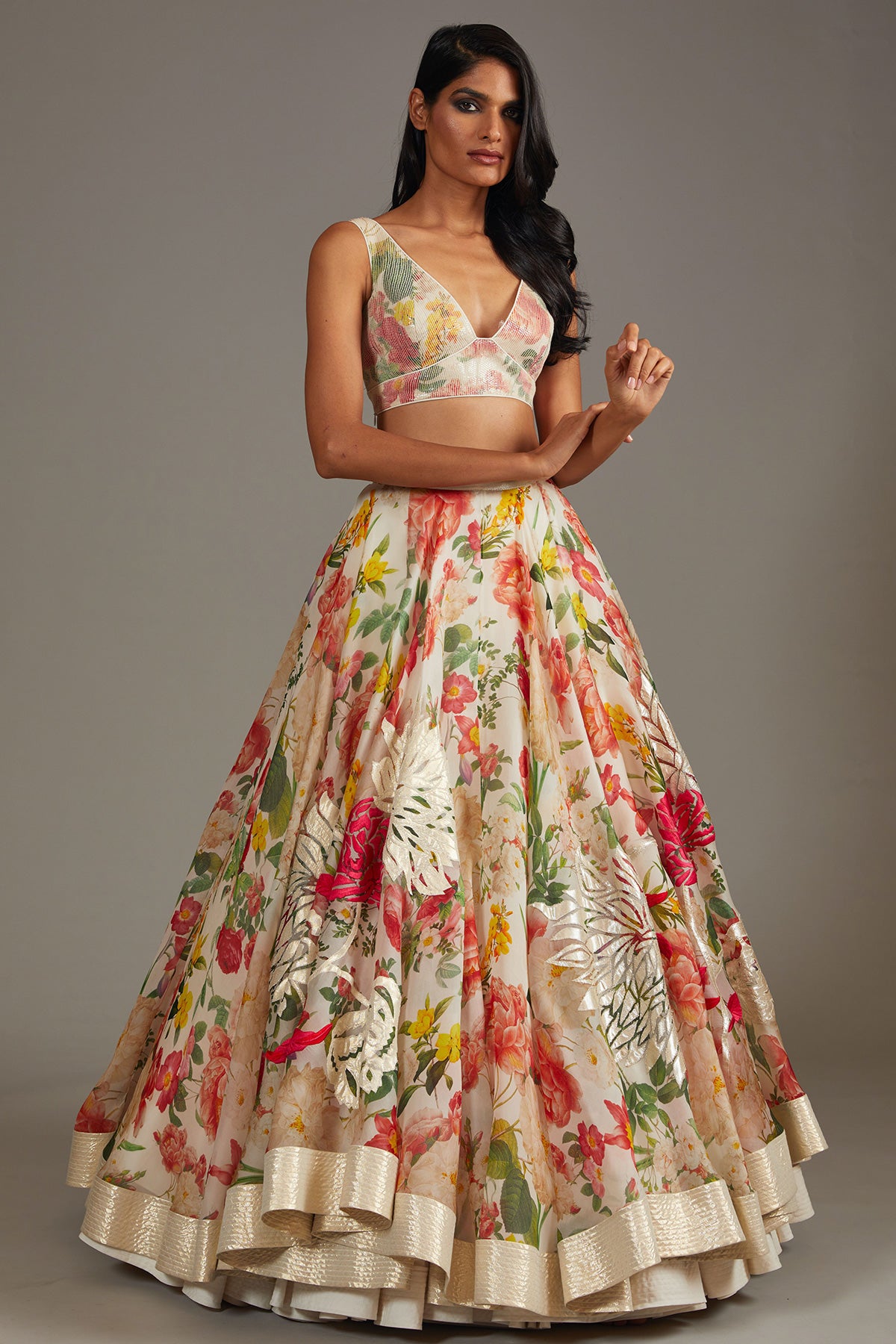 Ivory Organza Lehenga Set With Digital Print & Embroidery
