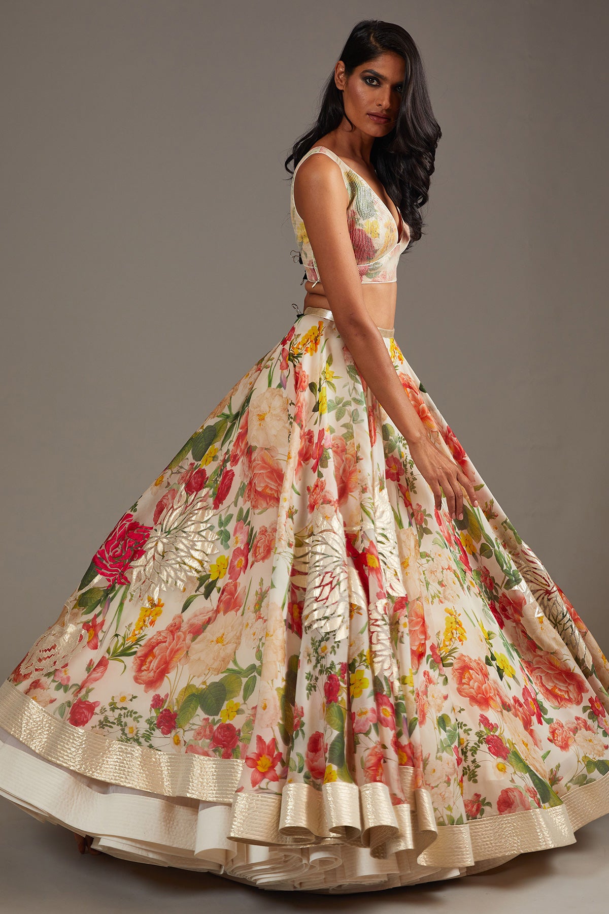 Ivory Organza Lehenga Set With Digital Print & Embroidery