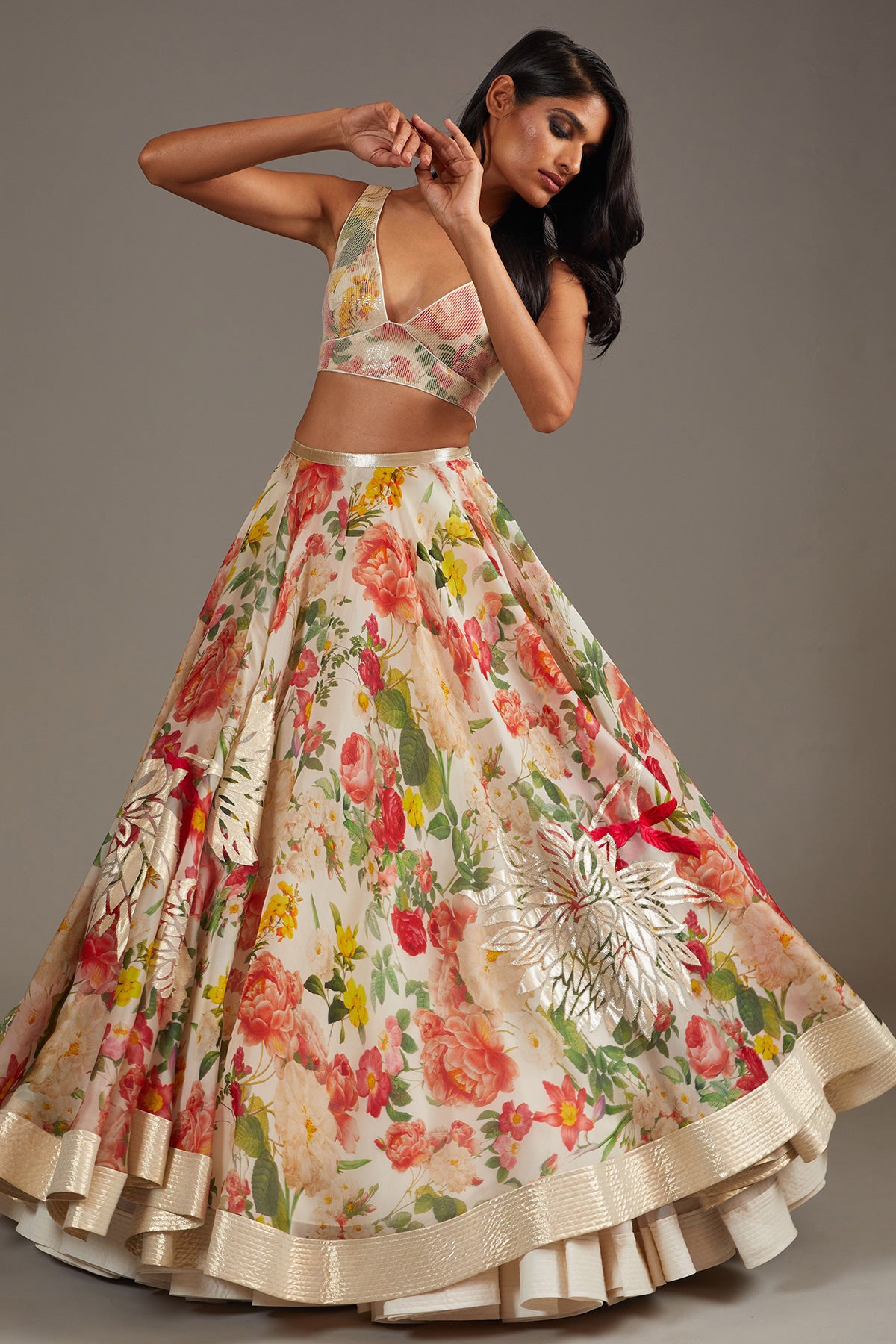 Ivory Organza Lehenga Set With Digital Print & Embroidery