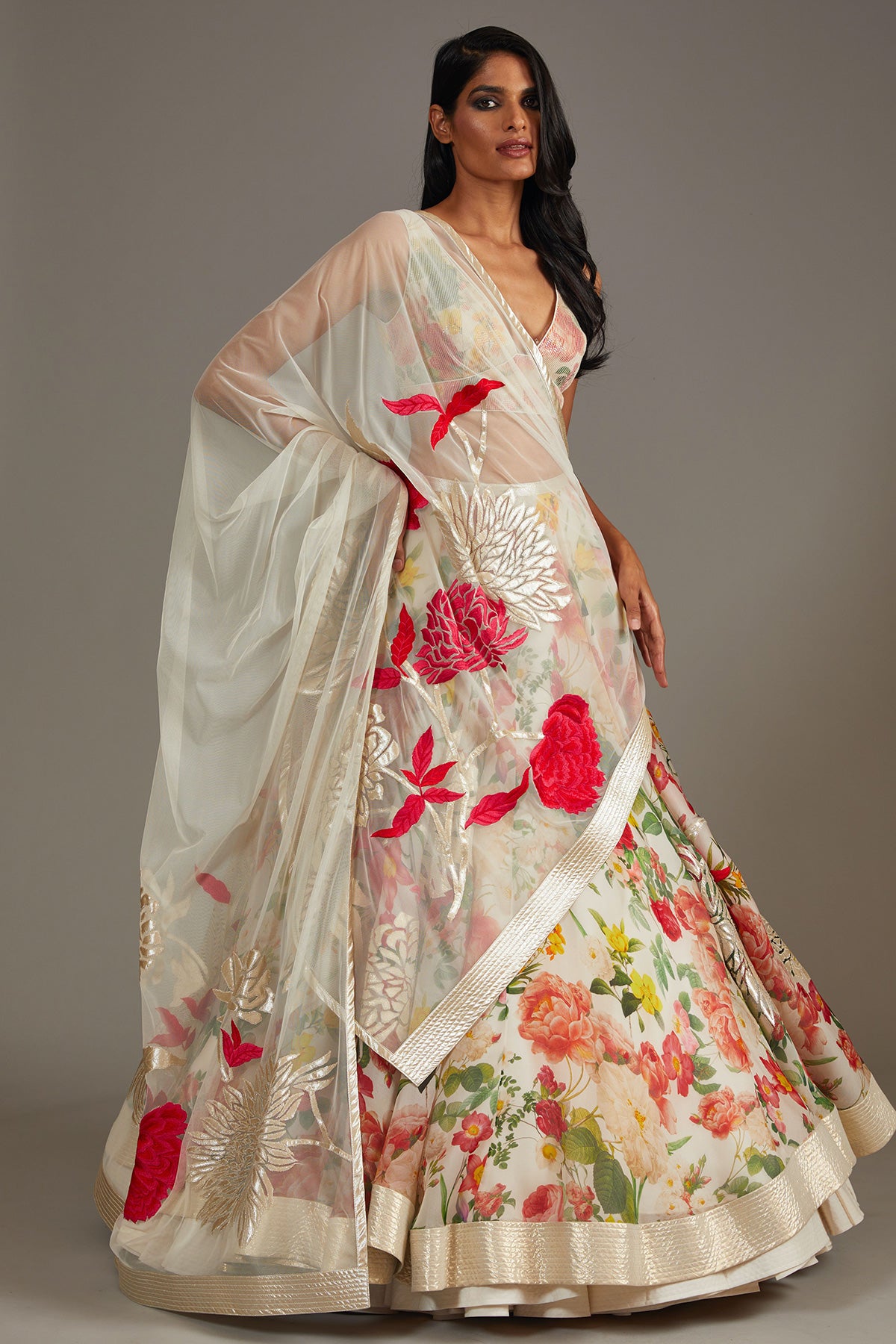 Ivory Organza Lehenga Set With Digital Print & Embroidery