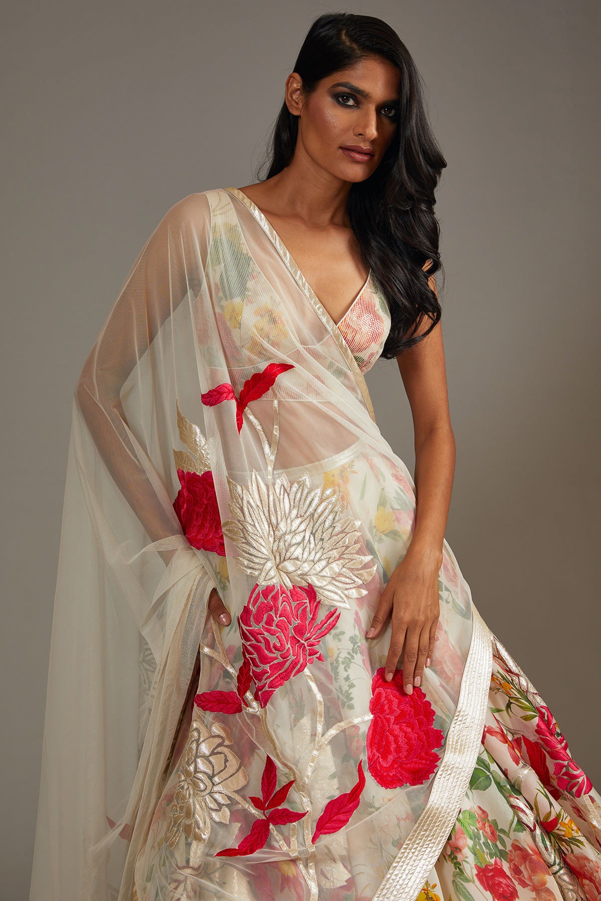 Ivory Organza Lehenga Set With Digital Print & Embroidery