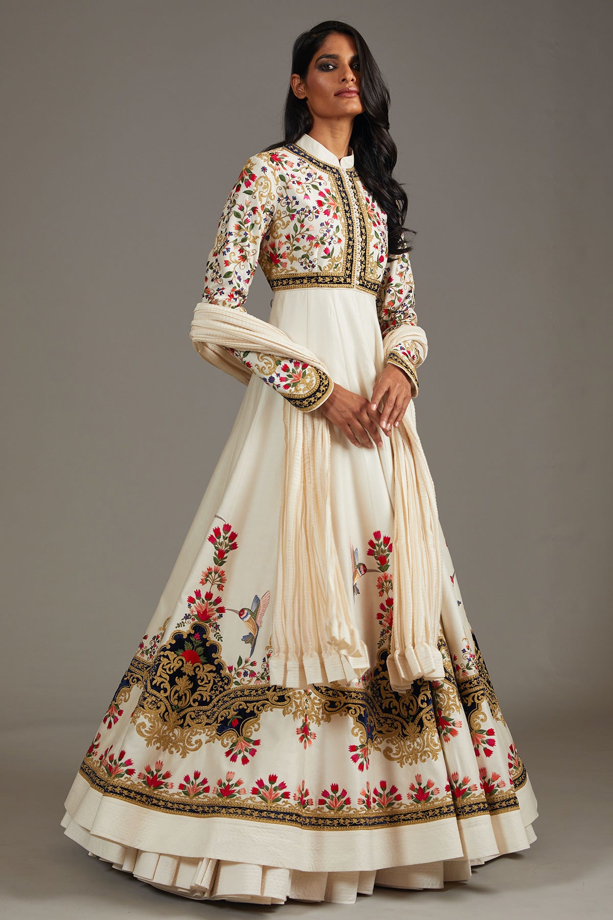 Chanderi Anarkali Set With Silk Velvet Embroidery