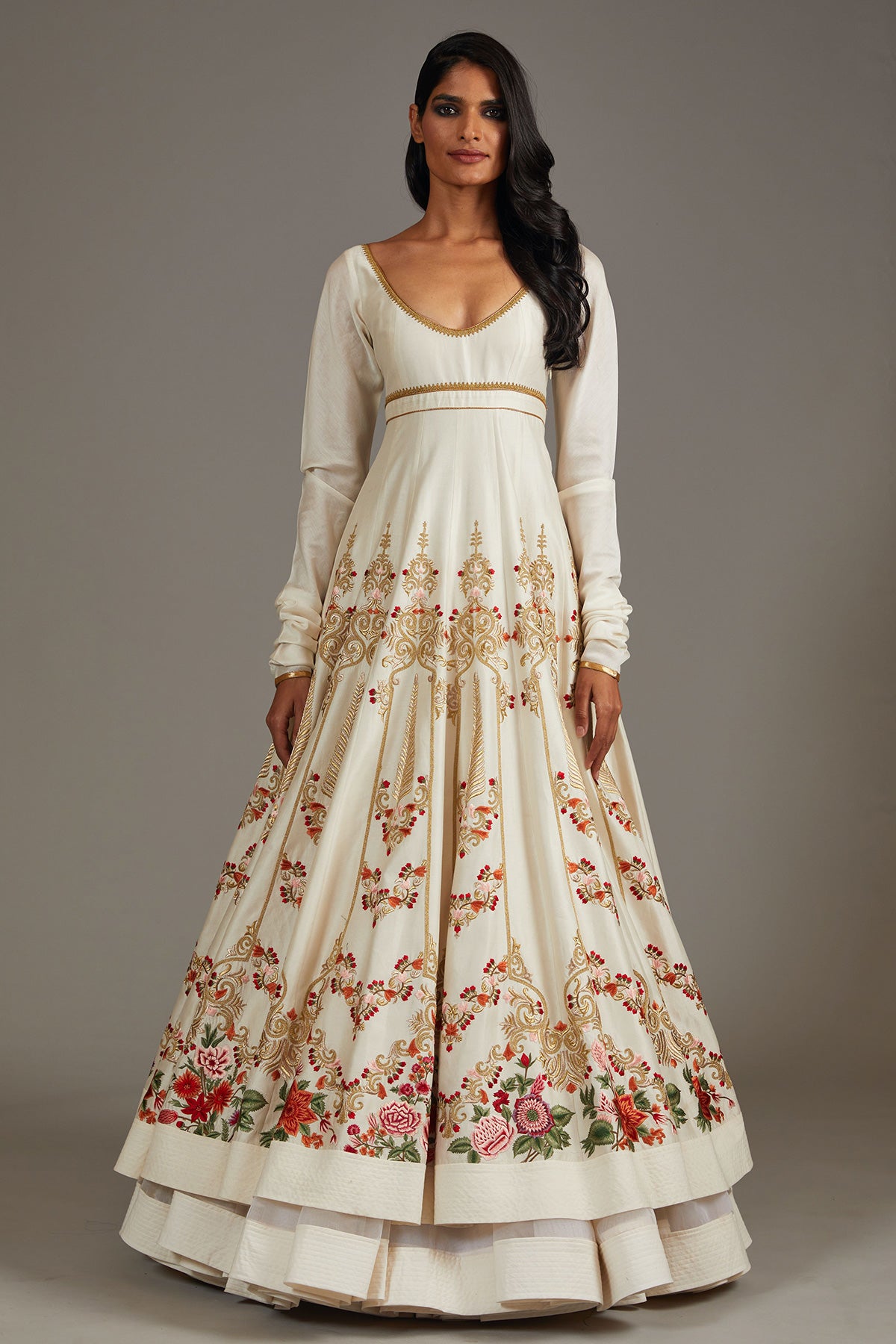 Ivory Chanderi Anarkali Set With Floral Embroidery