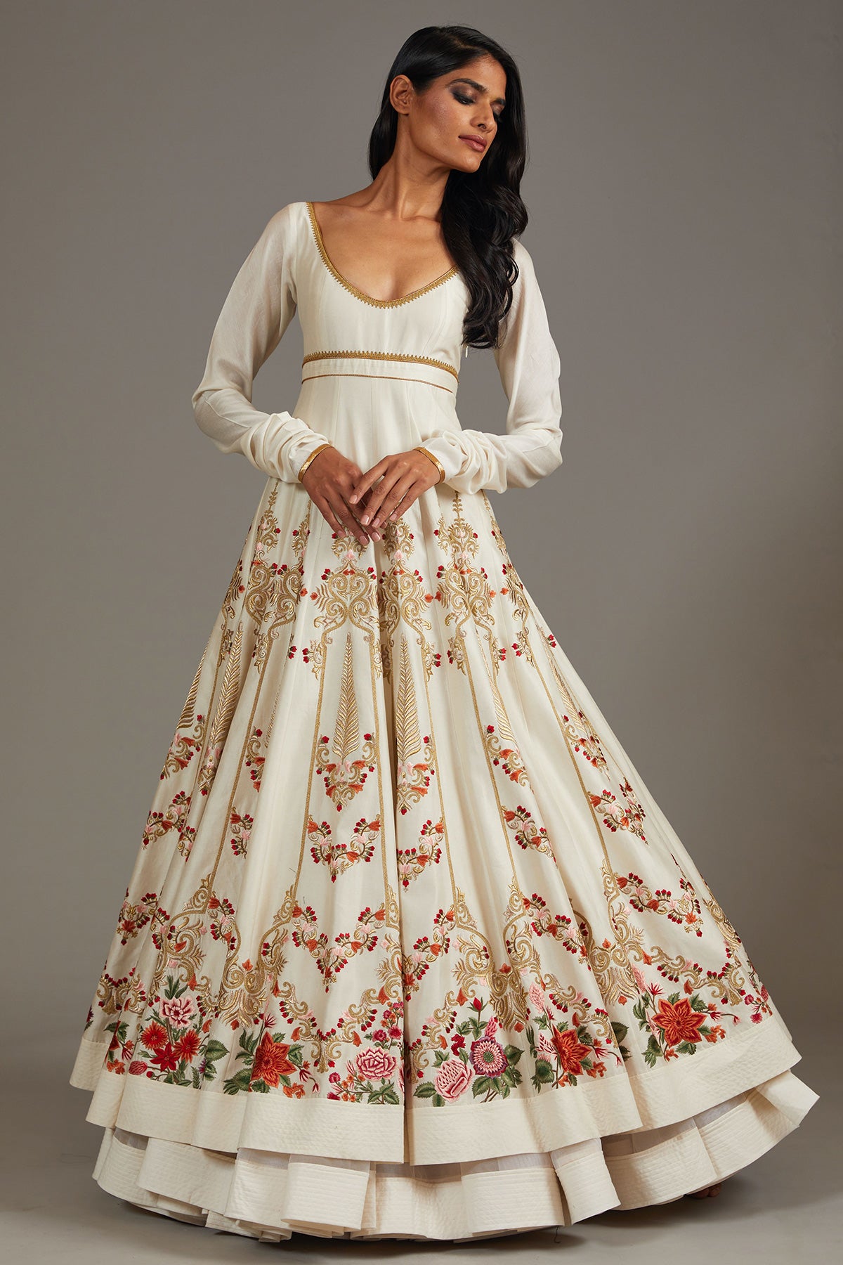 Ivory Chanderi Anarkali Set With Floral Embroidery