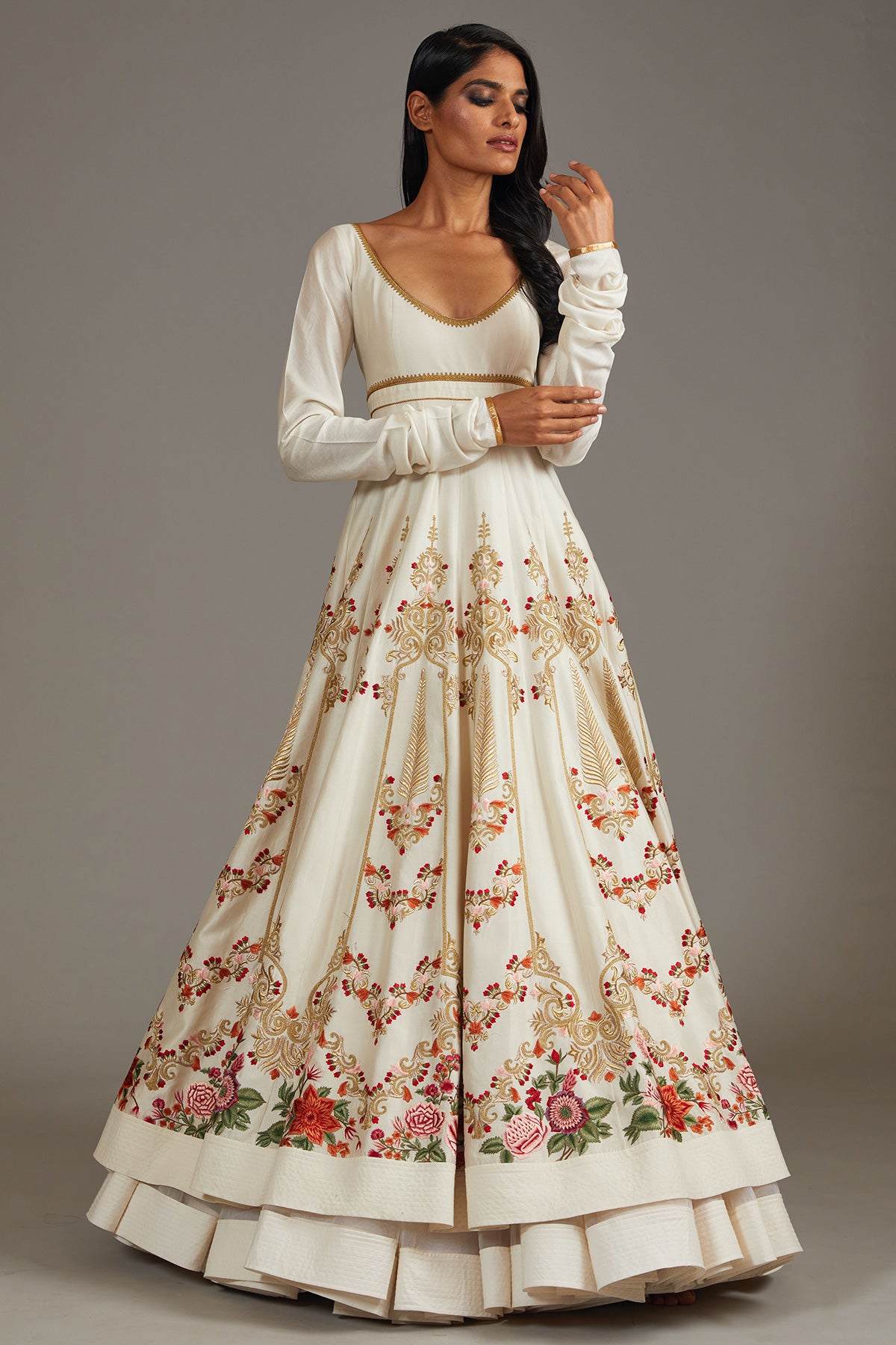 Ivory Chanderi Anarkali Set With Floral Embroidery