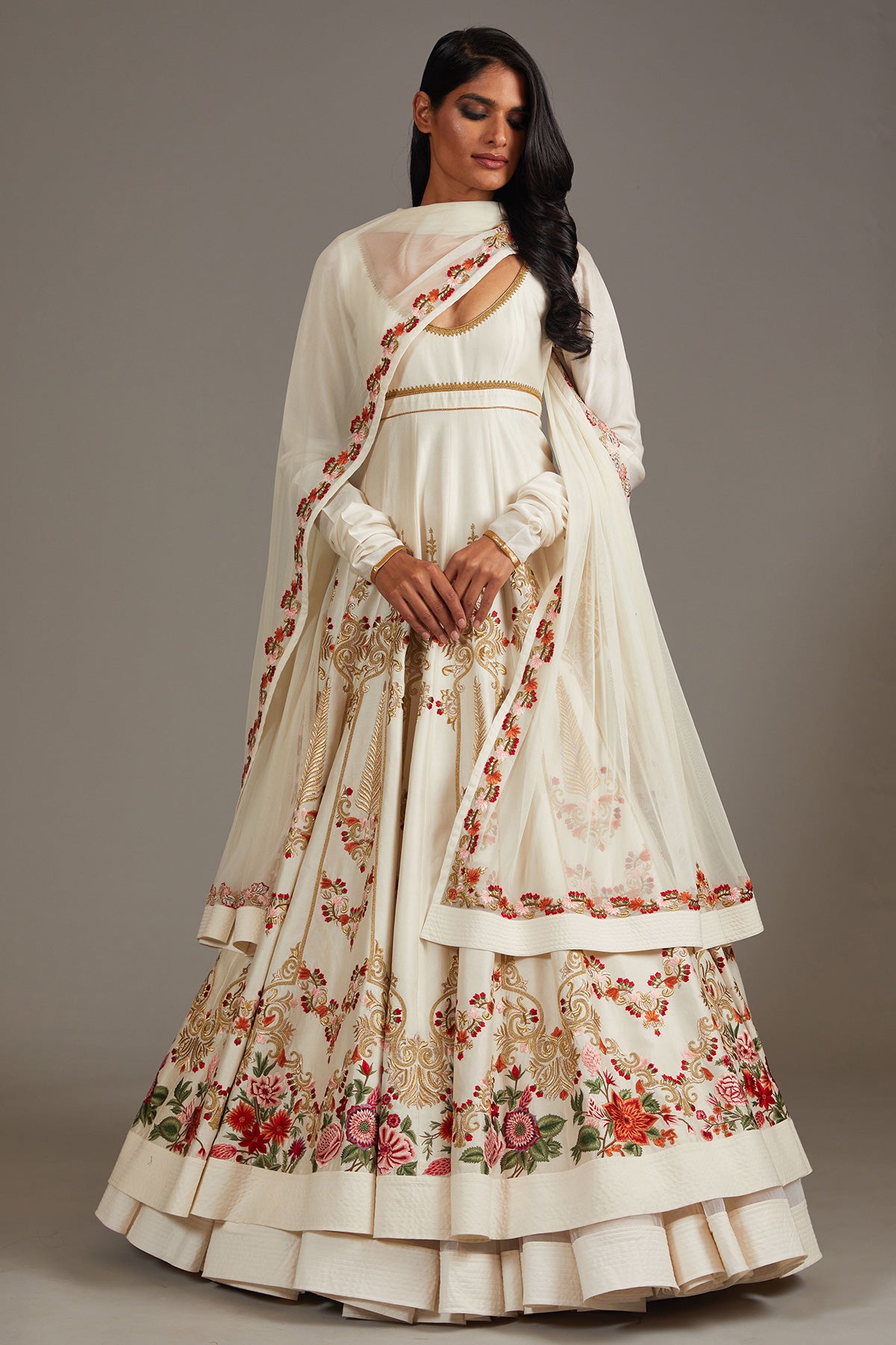 Ivory Chanderi Anarkali Set With Floral Embroidery