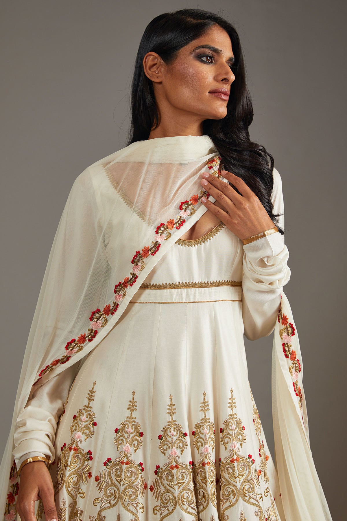Ivory Chanderi Anarkali Set With Floral Embroidery