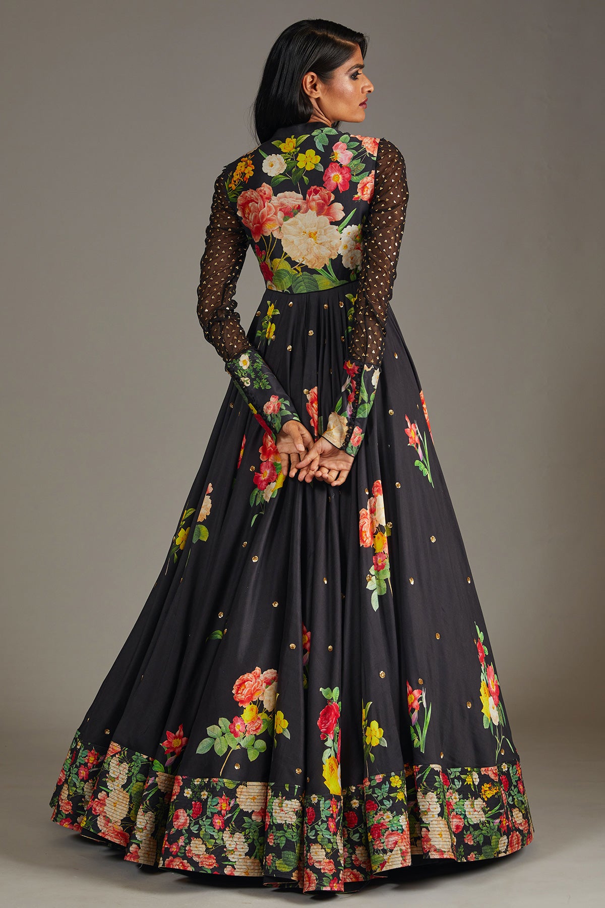 Black Chanderi Anarkali With Digital Print & Embroidery