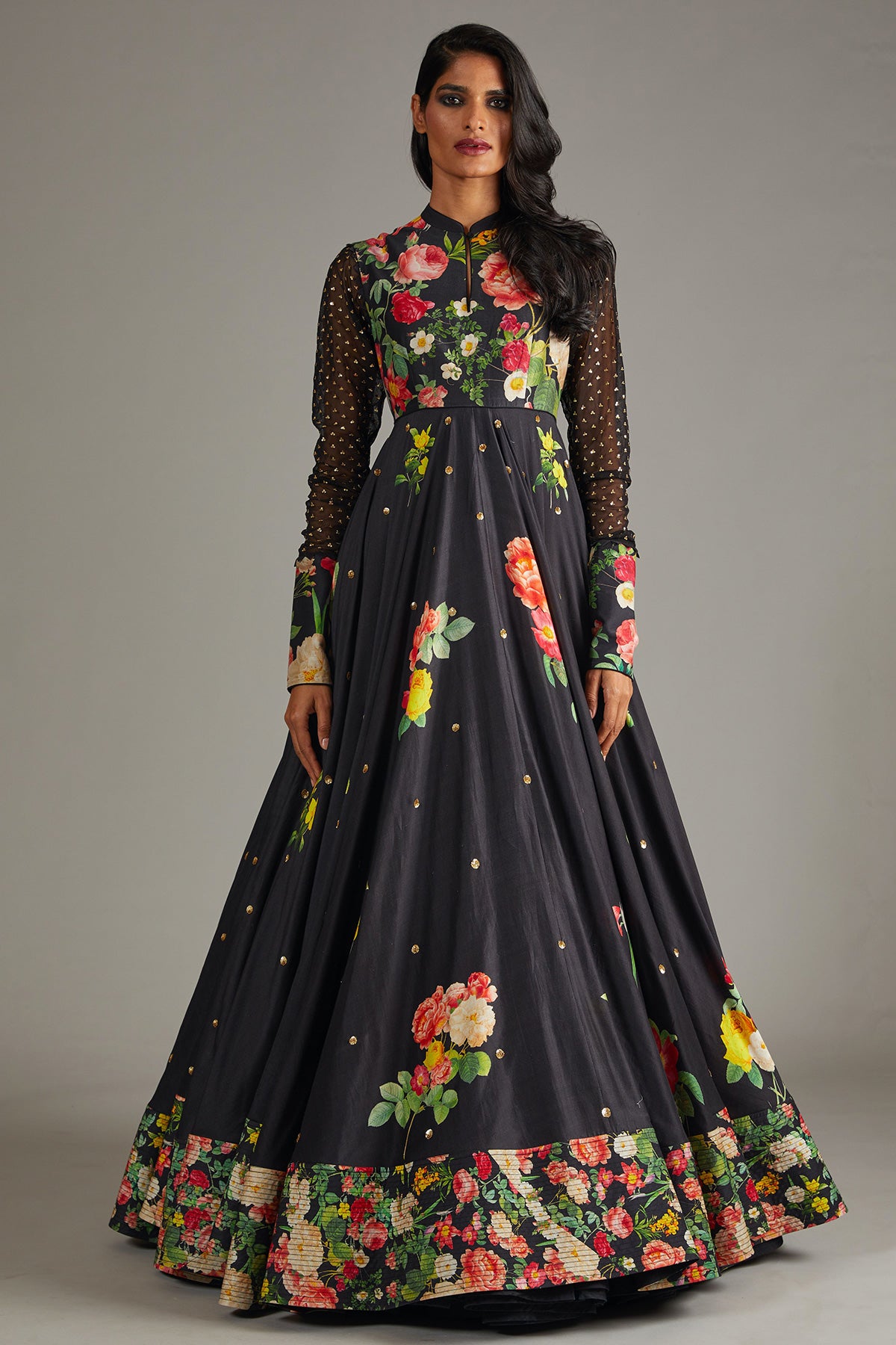 Black Chanderi Anarkali With Digital Print & Embroidery