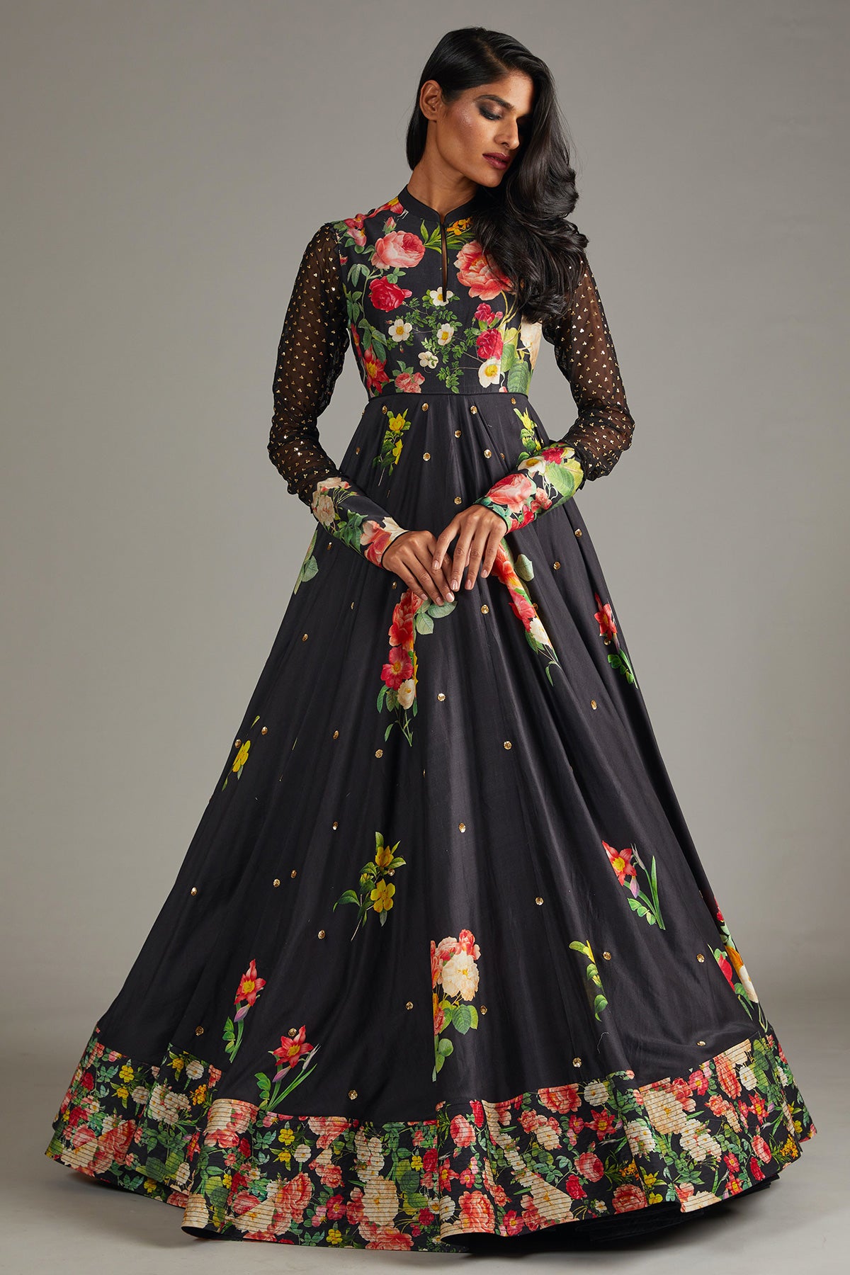 Black Chanderi Anarkali With Digital Print & Embroidery