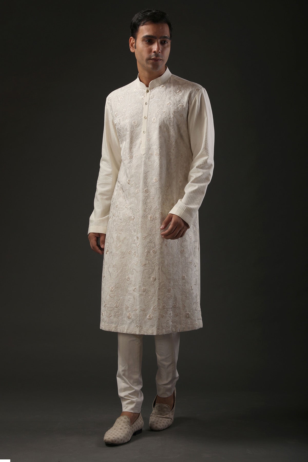 Men Ivory Chanderi Silk Resham Embroidered Kurta Set