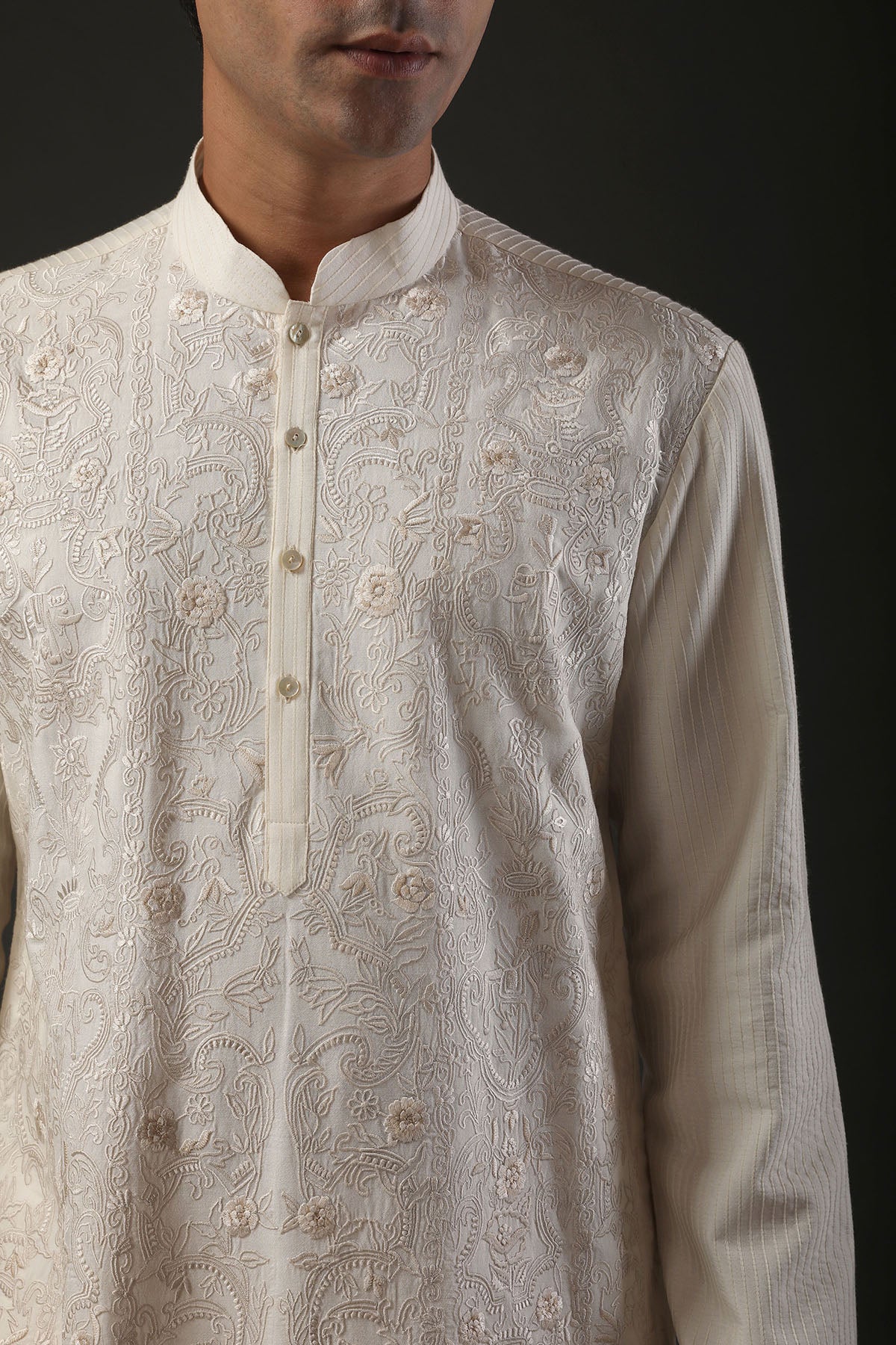 Men Ivory Chanderi Silk Resham Embroidered Kurta Set