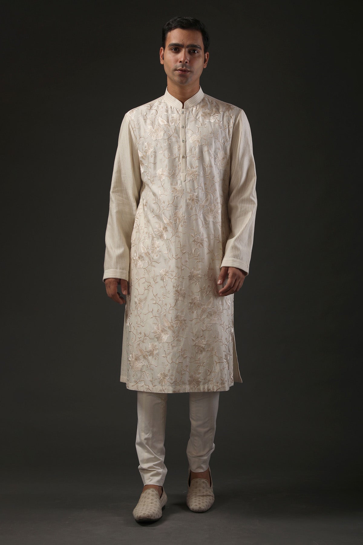 Men Ivory Chanderi Silk Resham Embroidered Kurta Set