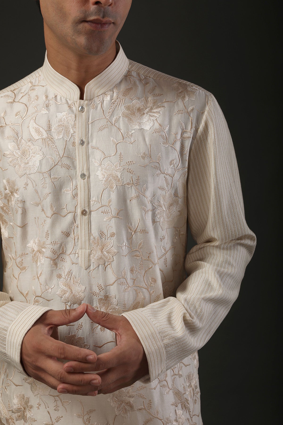 Men Ivory Chanderi Silk Resham Embroidered Kurta Set