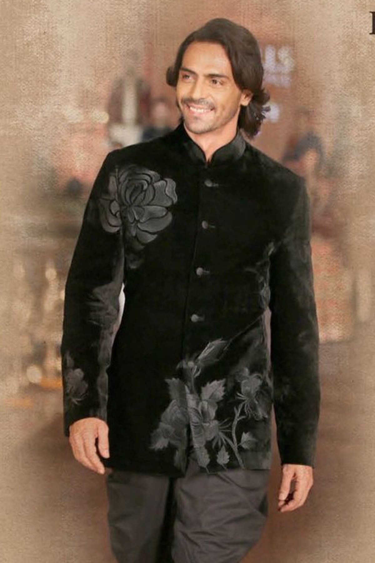 Black Velvet Bandhgala With Floral Embroidery