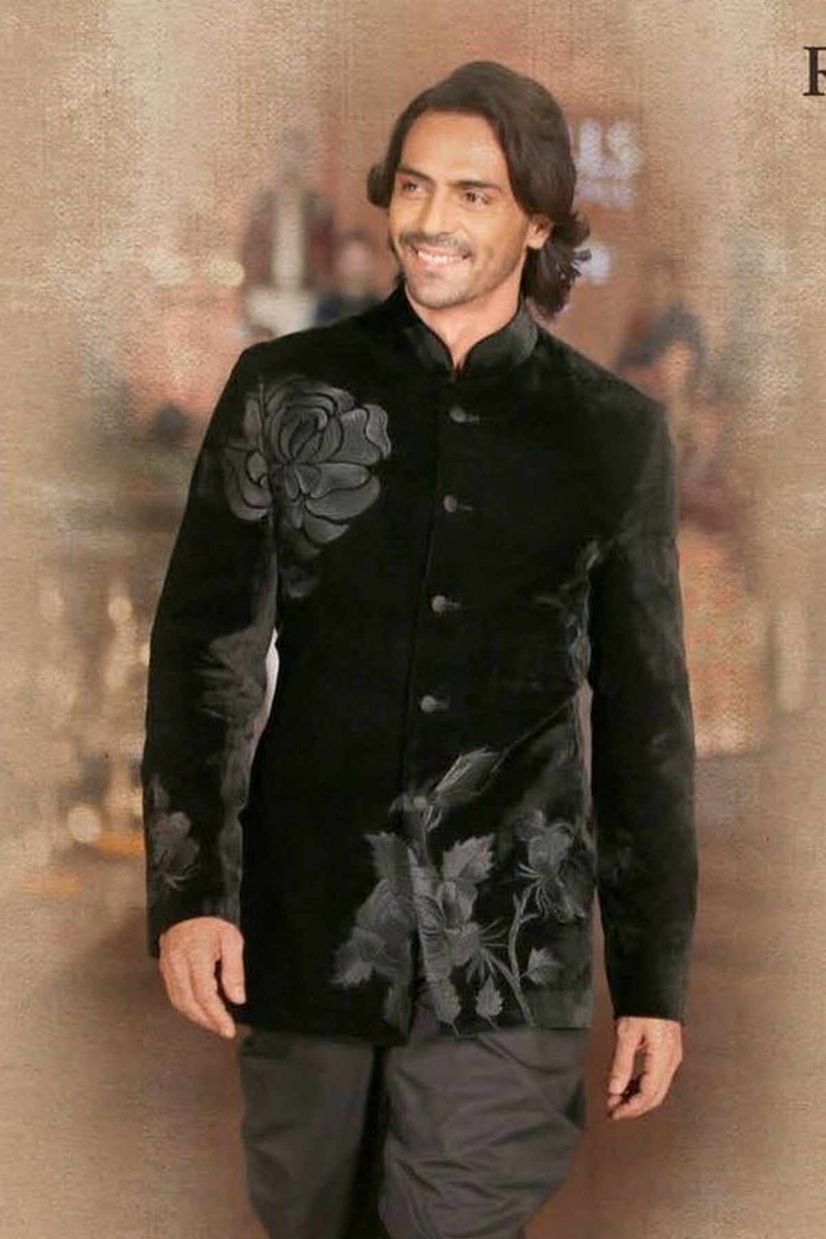 Black Velvet Bandhgala With Floral Embroidery