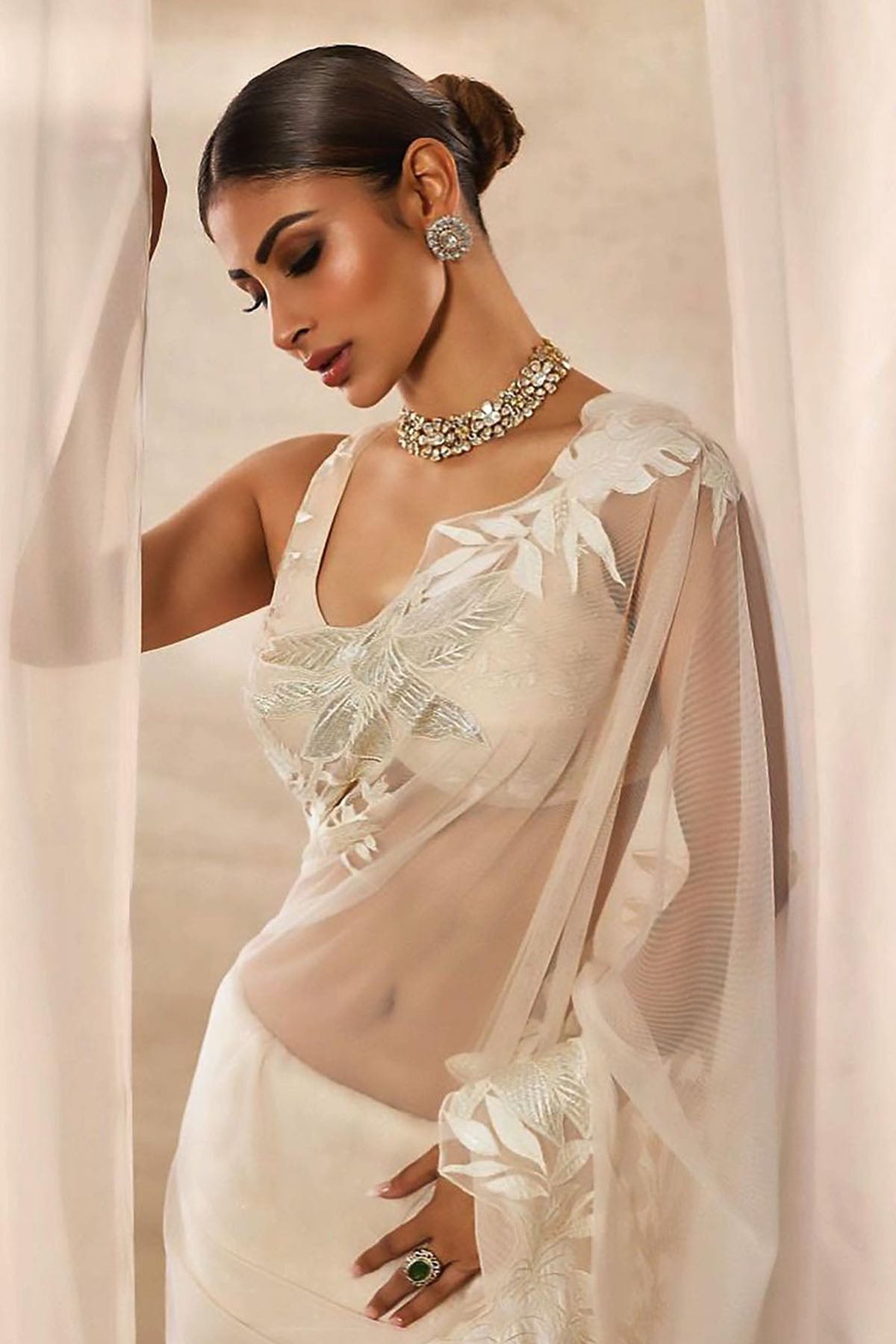 Women's Ivory Embroidered Net Saree