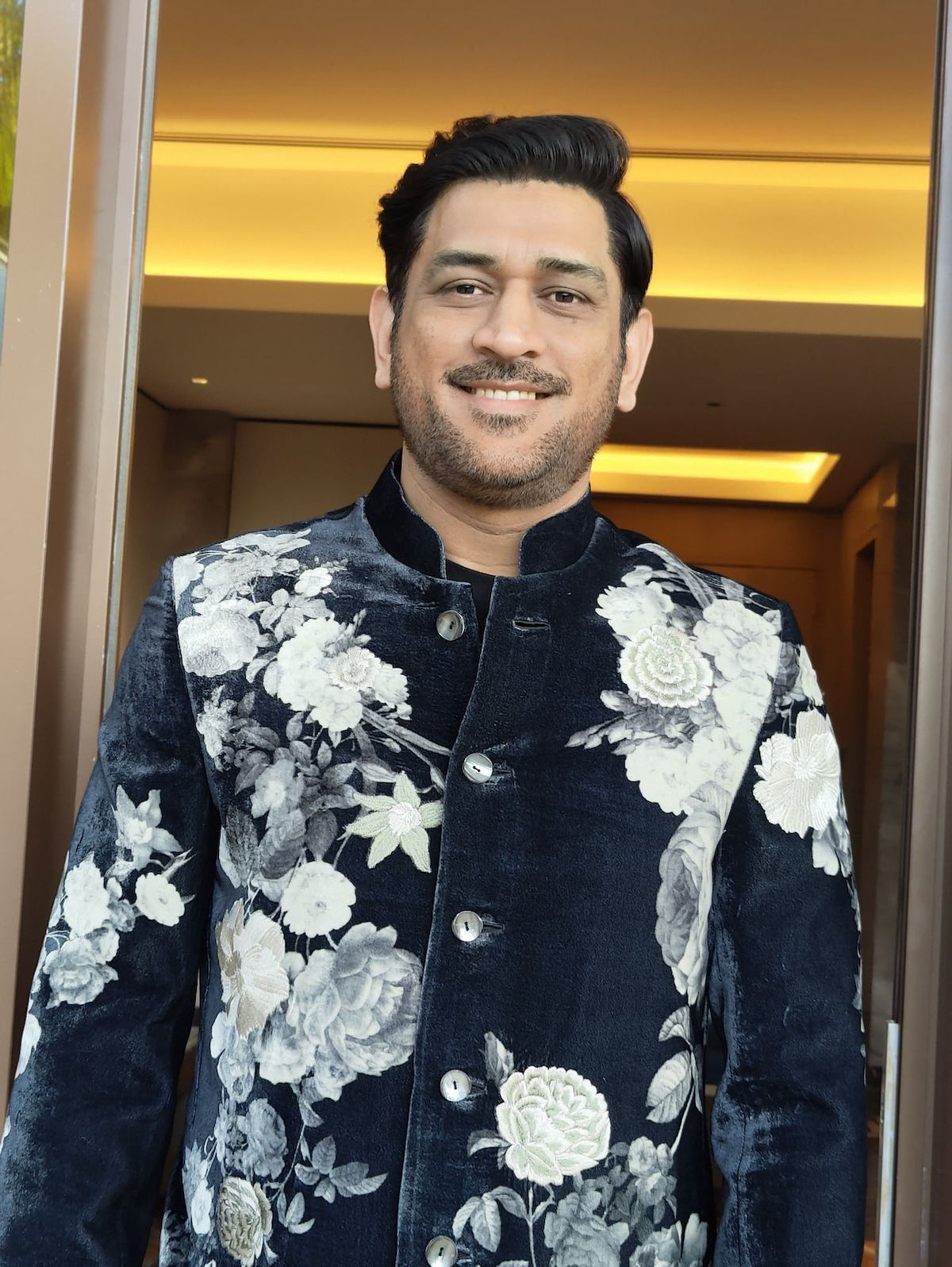 MS Dhoni in Rohit Bal Velvet Printed Bandhgala With Embroidery