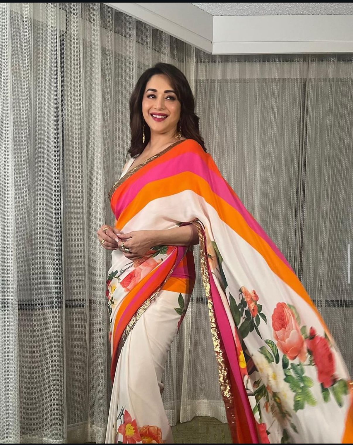 Madhuri Dixit in Signature Rohit Bal Printed Crepe Saree