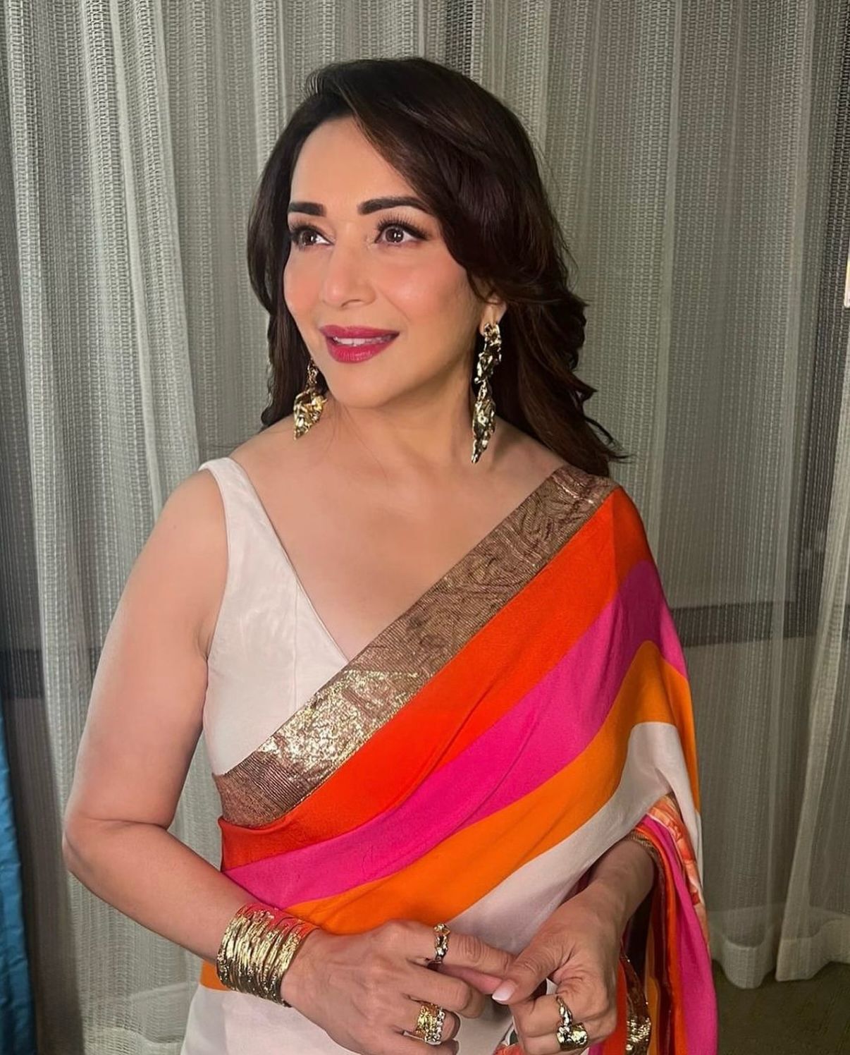 Madhuri Dixit in Signature Rohit Bal Printed Crepe Saree