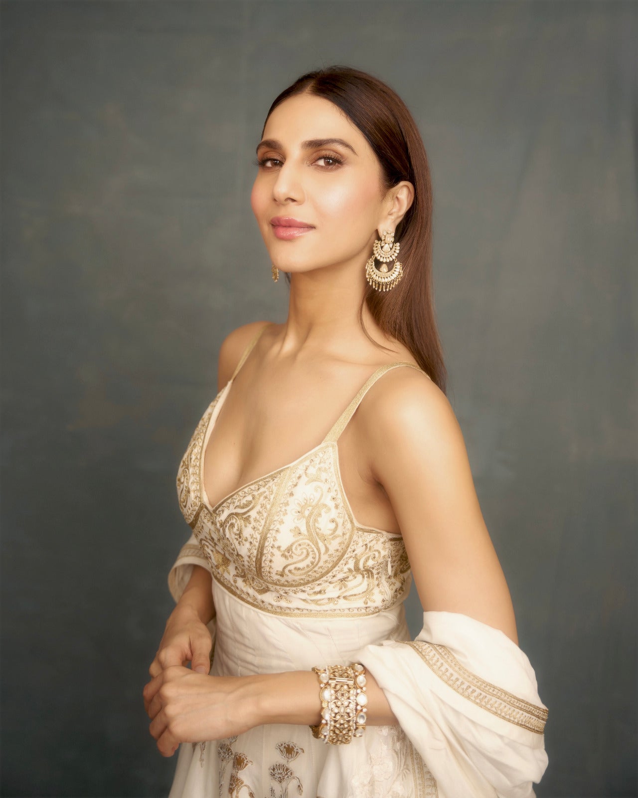 Vaani Kapoor in Ivory Chanderi Anarkali Set with Dupatta