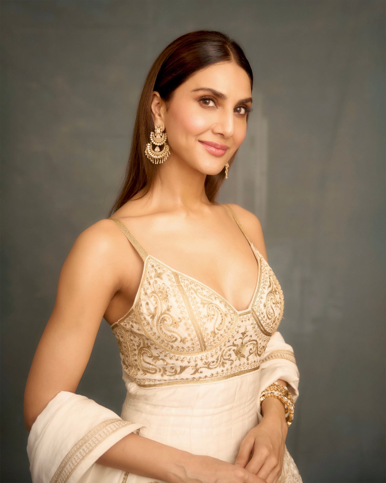 Vaani Kapoor in Ivory Chanderi Anarkali Set with Dupatta
