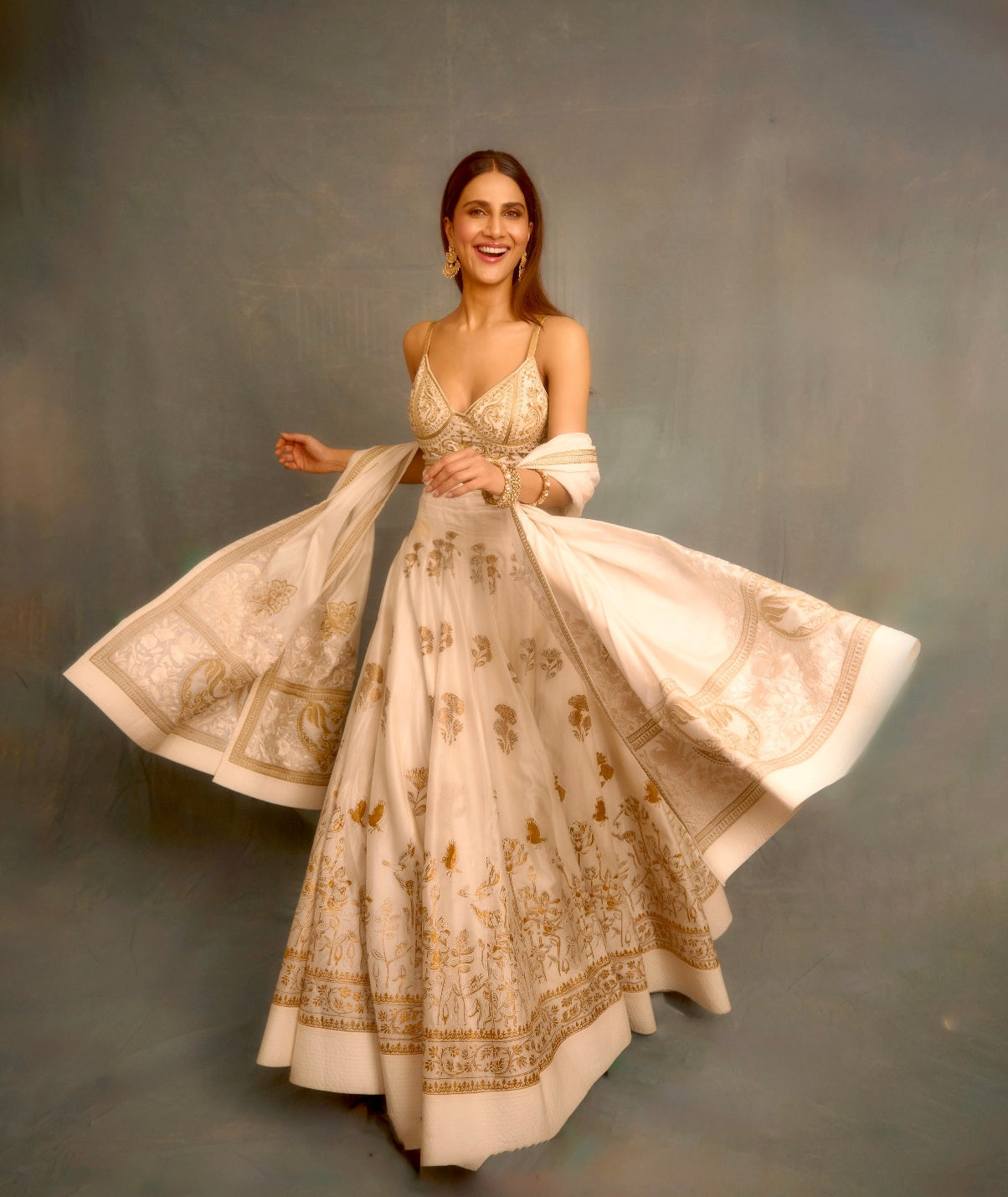Vaani Kapoor in Ivory Chanderi Anarkali Set with Dupatta