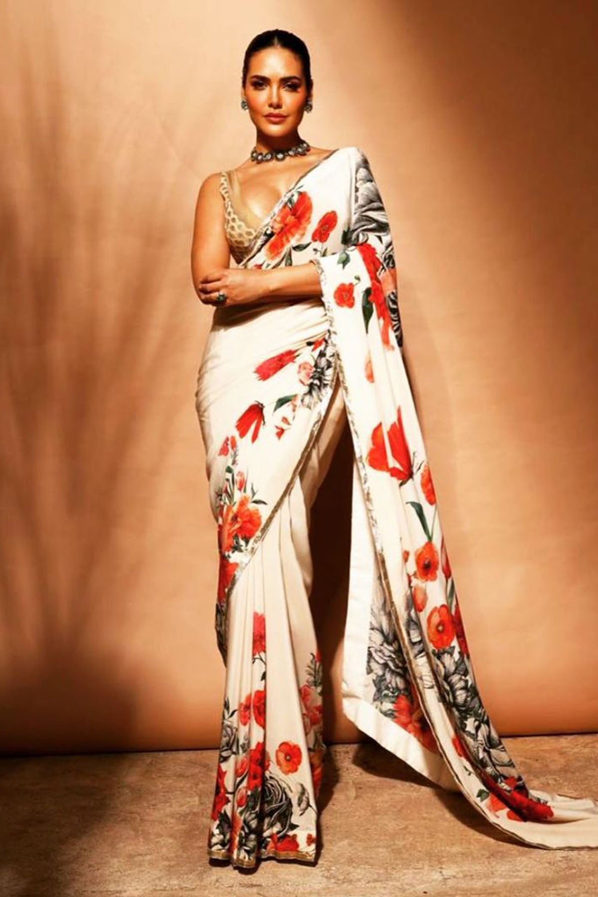 Chanderi Silk Saree With Multicolour Floral Embroidery