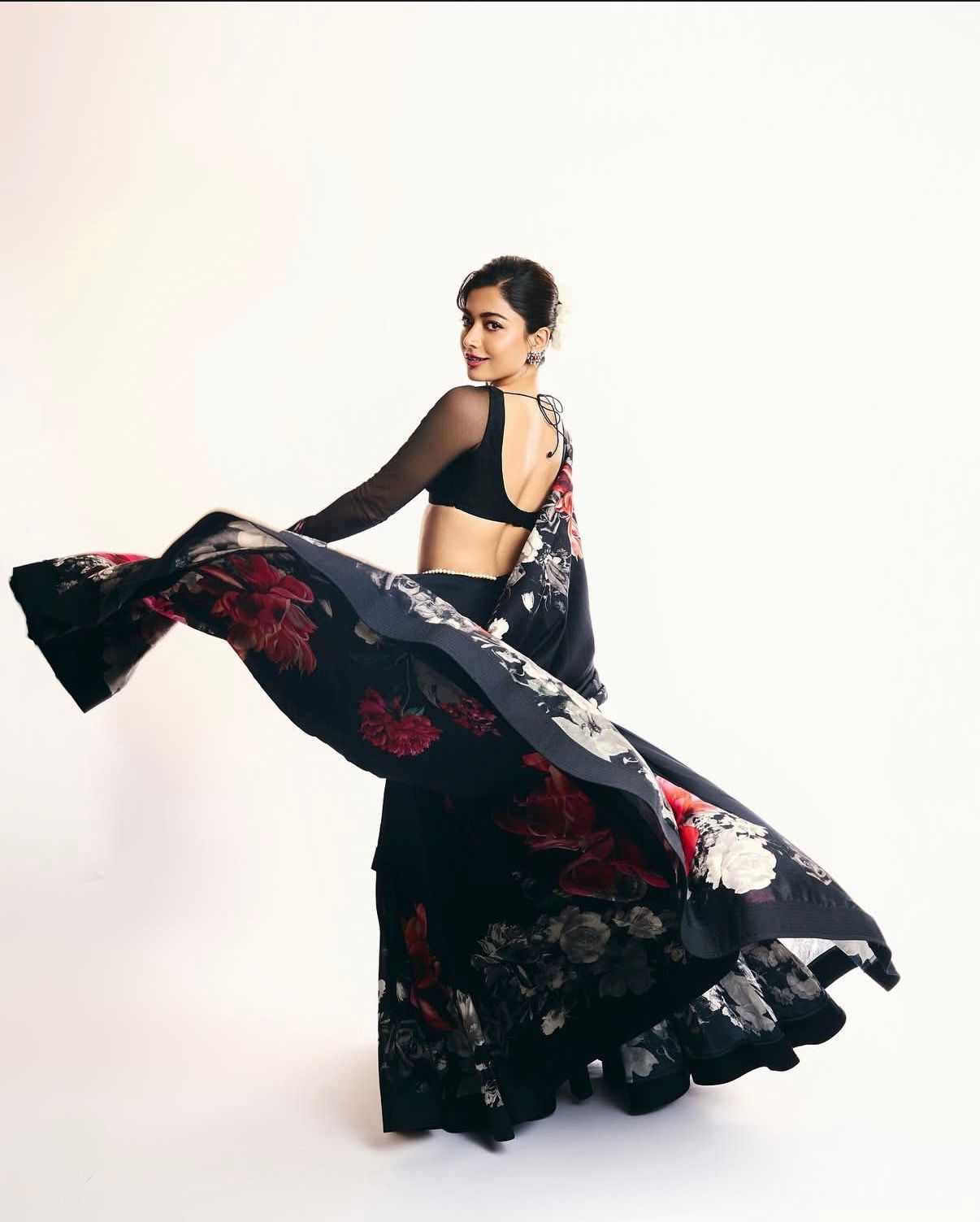 Black Digital Floral Printed Lehenga Set Worn by Rashmika Mandanna