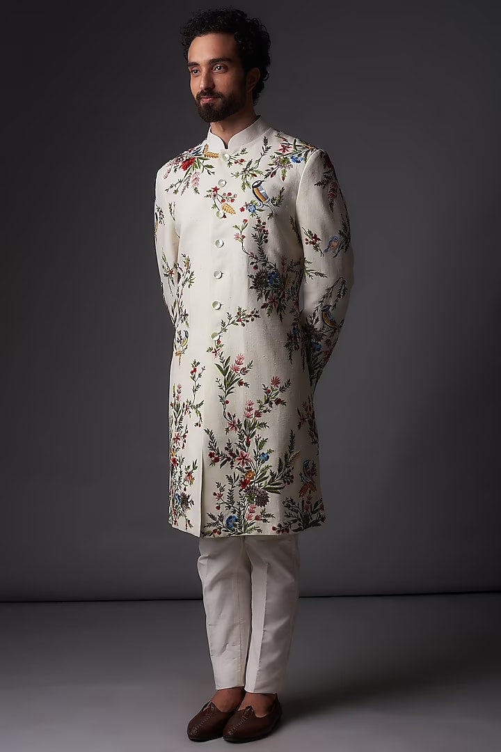 Men Ivory Matka Silk Resham Embroidered Sherwani