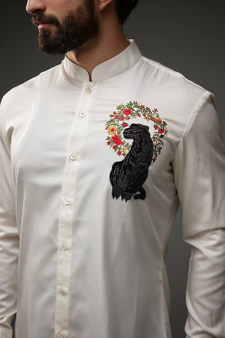 Ivory Poplin Shirt With Embroidery