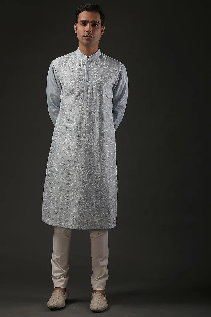 Men Powder Blue Chanderi Silk Embroidered Kurta Set