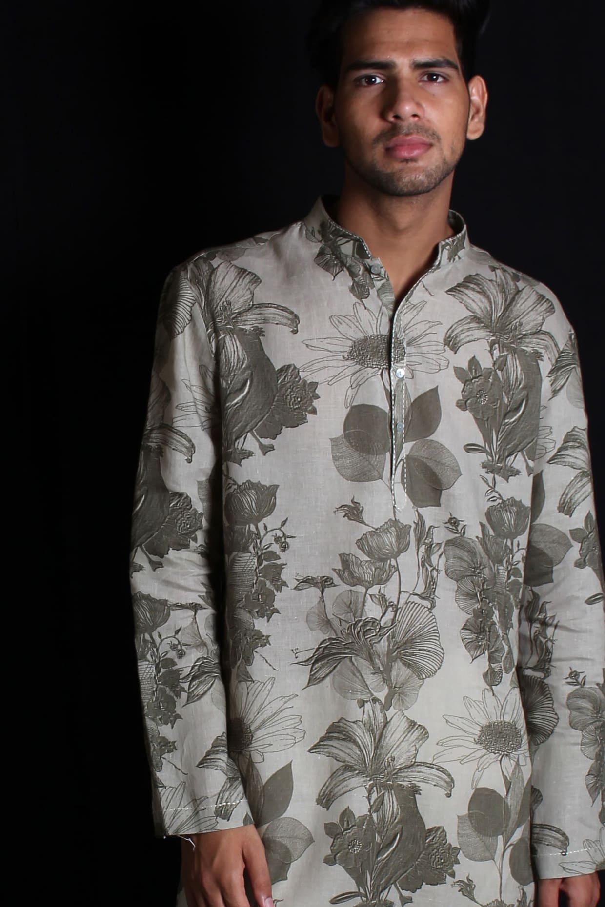 Grey Linen Printed Kurta With Cotton Churidar
