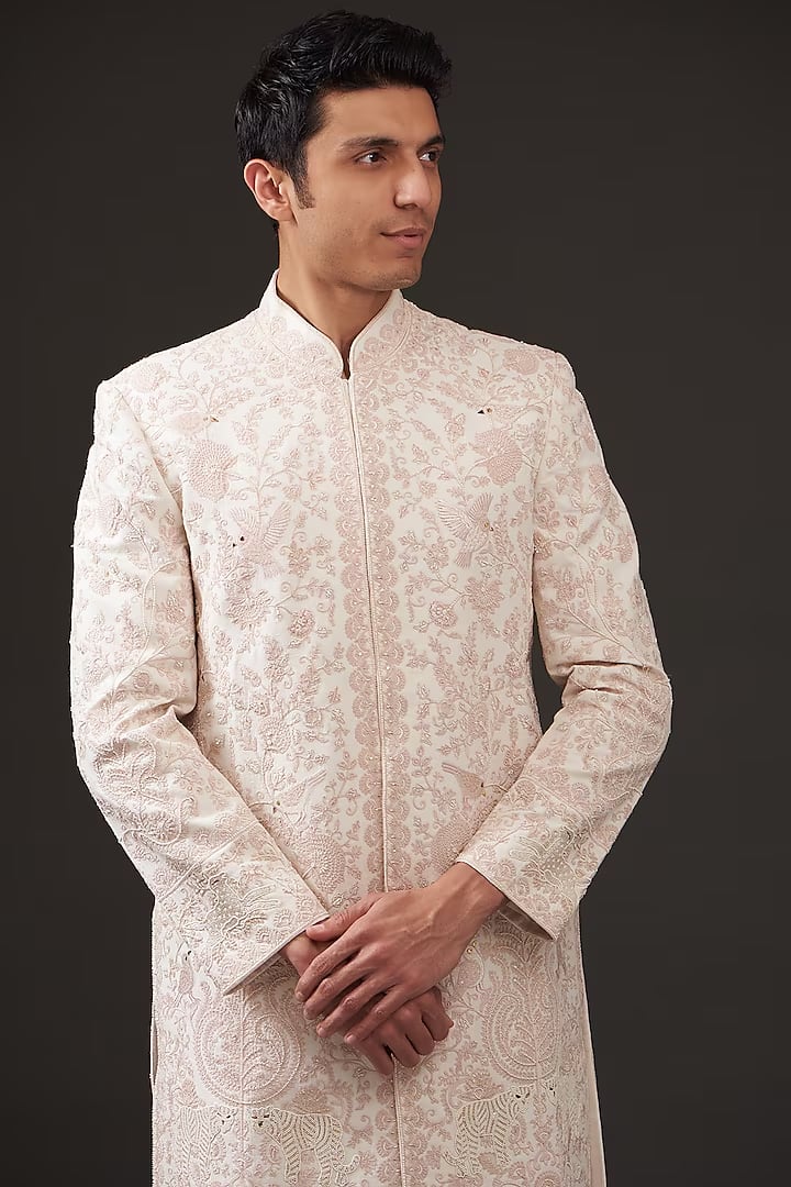 Men Powder Pink Matka Silk Resham Hand Embroidered Sherwani