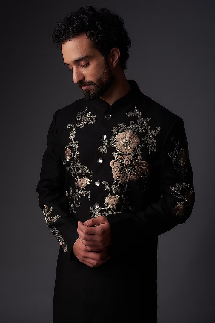 Men Black Matka Silk Floral Embroidered Sherwani