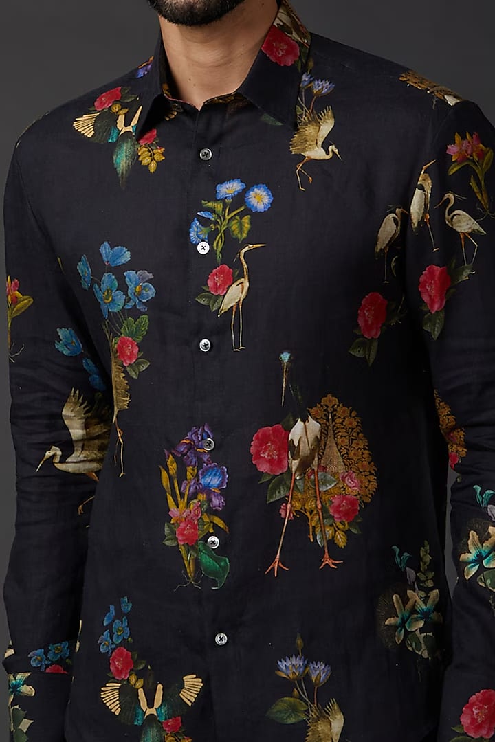 Indigo Linen Shirt With Digital Print